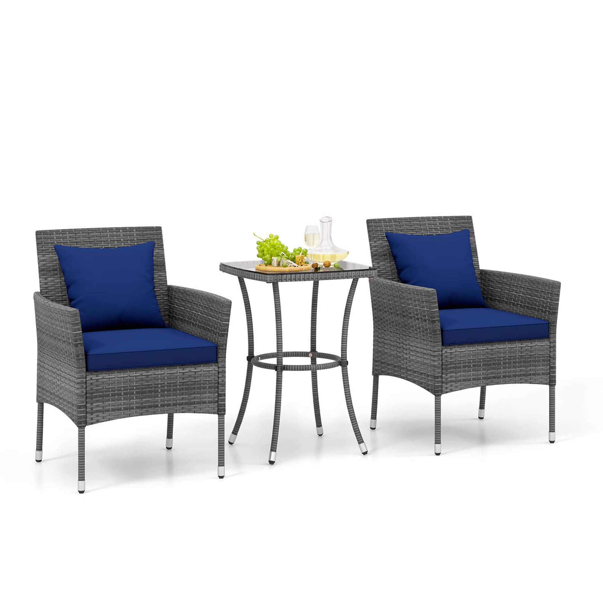 Front. Costway - 3 PCS Patio Furniture Set witn Cushioned Patio Chairs & Tempered Glass Coffee Table - Navy + Mix Grey.