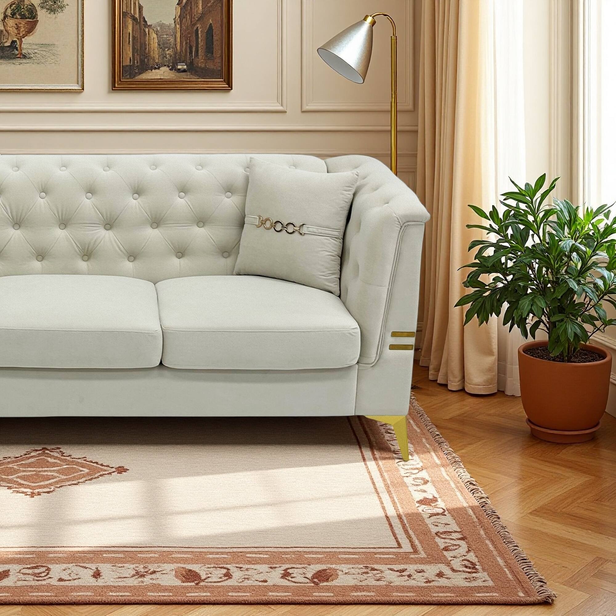 Alt View 3. Anysun - 82.7" Velvet 3-Seat Chesterfield Sofa with Gold Legs - Modern Tufted Design, Includes 2 Pillows. - Camel.