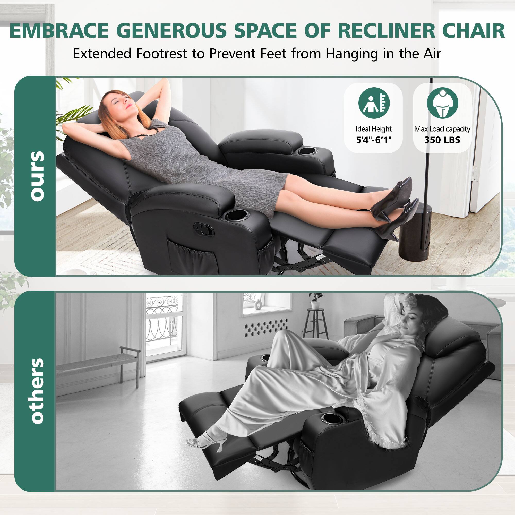 EMBRACE GENEROUS SPACE OF RECLINER CHAIR  
Extended Footrest to Prevent Feet from Hanging in the Air  

ours  
Ideal Height: 5'4" - 6'1"  
Max Load Capacity: 350 LBS  

others