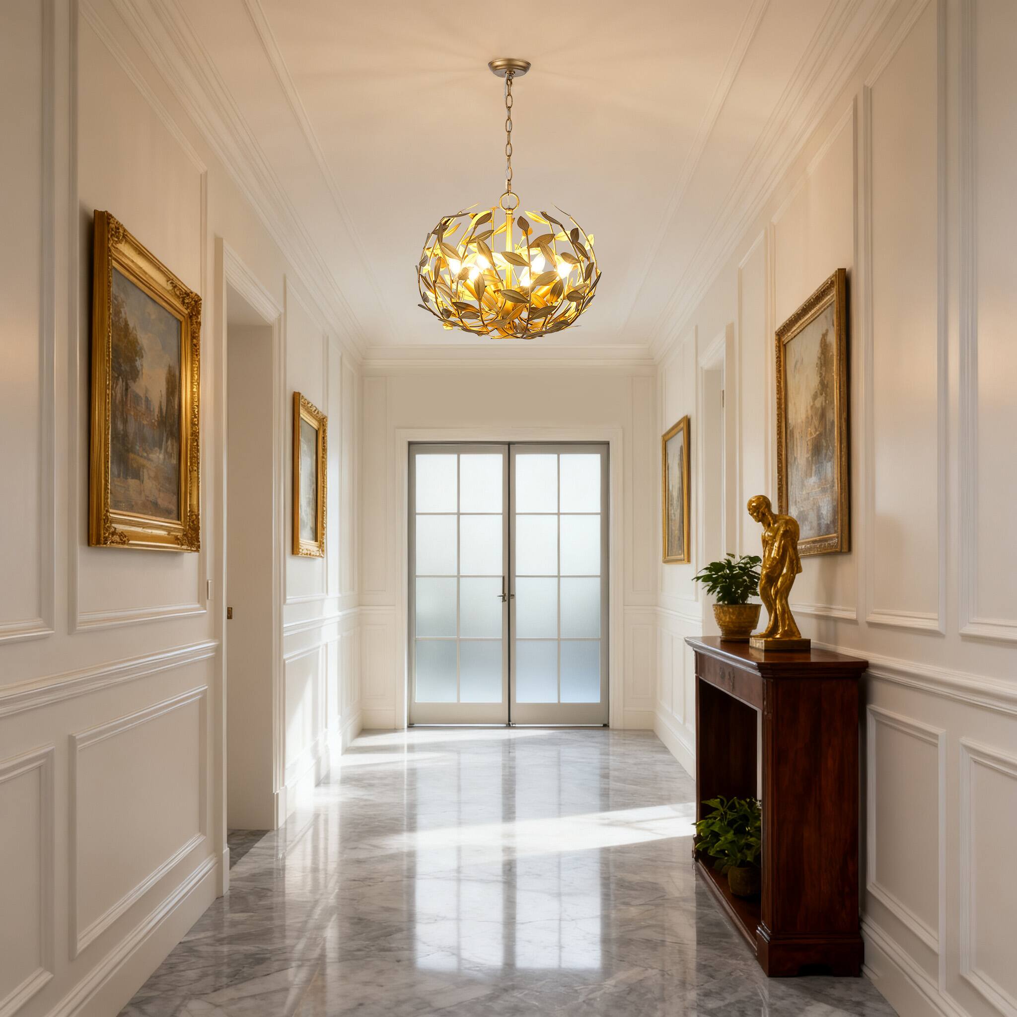 Back. Parrot Uncle - 20" Modern 6-Light Gold Chandelier with Leaf Metal Shade - Gold.