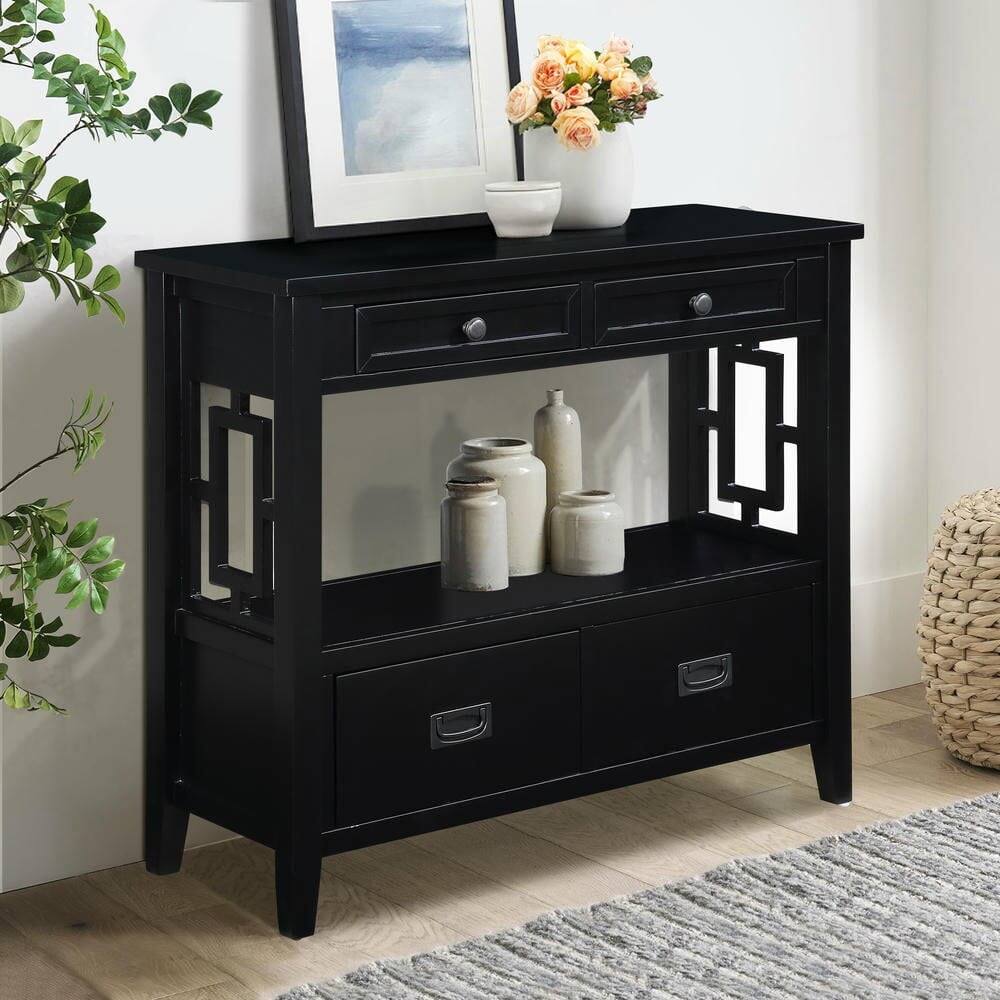 Alt View 10. Kadyn - 36'' Farmhouse Pine Wood Console Table Entry Sofa Table with 4 Drawers & 1 Storage Shelf for Entryway Living Room, Black - Black.