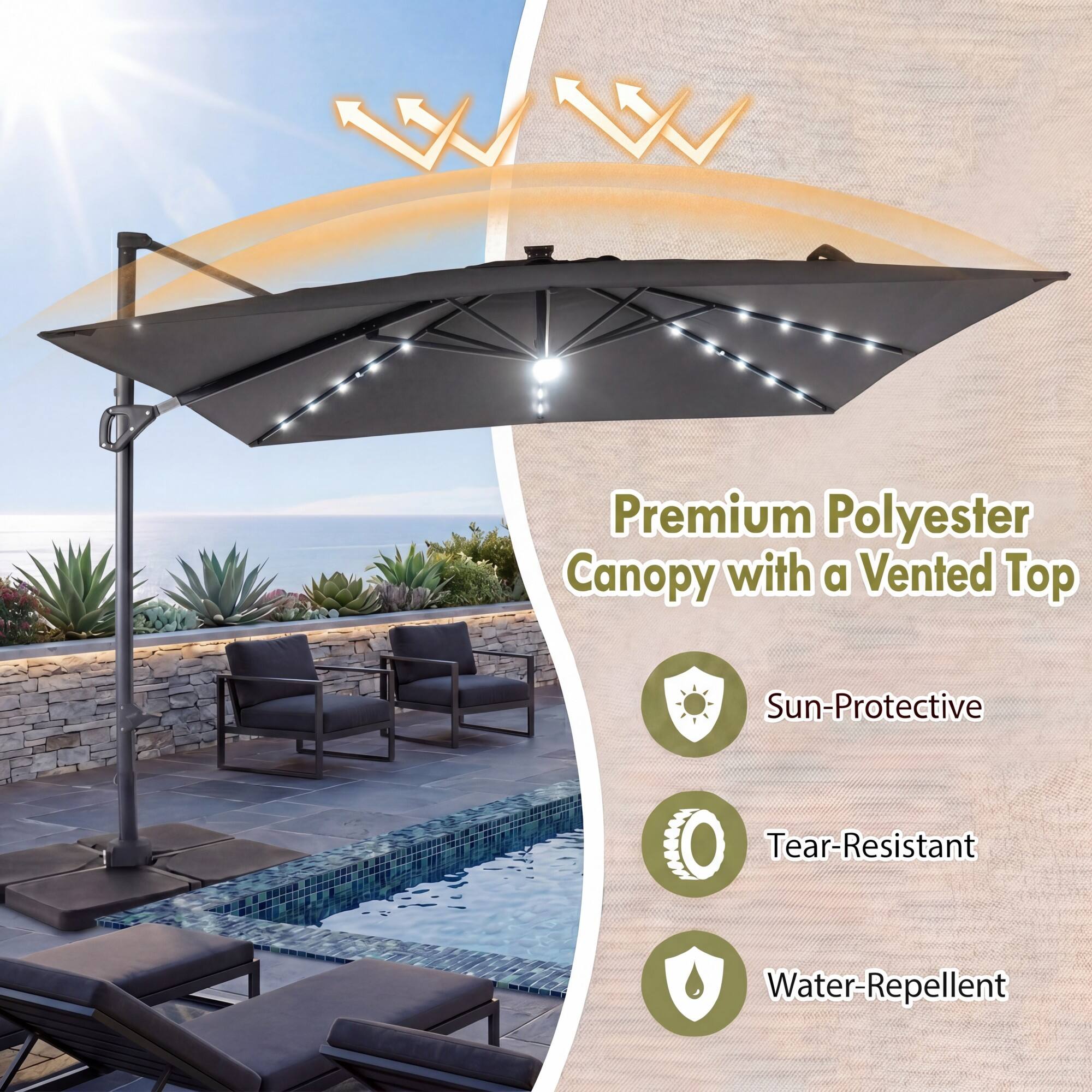 Premium Polyester Canopy with a Vented Top

- Sun-Protective
- Tear-Resistant
- Water-Repellent