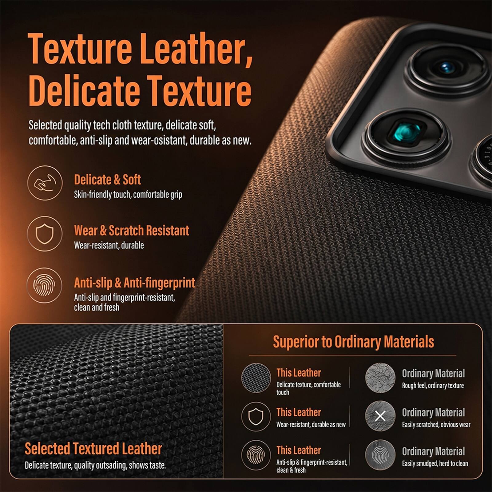 Texture Leather, Delicate Texture

Selected quality tech cloth texture, delicate soft, comfortable, anti-slip and wear-resistant, durable as new.

Delicate & Soft
Skin-friendly touch, comfortable grip

Wear & Scratch Resistant
Wear-resistant, durable

Anti-slip & Anti-fingerprint
Anti-slip and fingerprint-resistant, clean and fresh

Superior to Ordinary Materials

This Leather
Delicate texture, comfortable touch

Ordinary Material
Rough feel, ordinary texture

This Leather
Wear-resistant, durable as new

Ordinary Material
Easily scratched, obvious wear

This Leather
Anti-slip & fingerprint-resistant, clean & fresh

Ordinary Material
Easily smudged, hard to clean

Selected Textured Leather
Delicate texture, quality outstanding, shows taste.