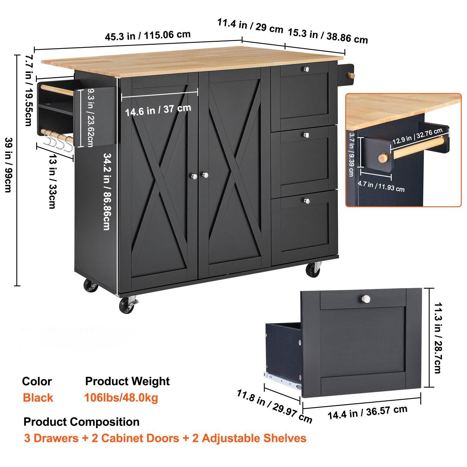 Sure, here is the corrected and grouped text from the image:

---

**Dimensions:**

- **Overall Height:** 45.3 in / 115.06 cm
- **Width:** 39 in / 99 cm
- **Depth:** 14.6 in / 37 cm
- **Top Surface:** 11.4 in / 29 cm (front) x 15.3 in / 38.86 cm (back)
- **Drawer 1:** 13 in / 33 cm (width) x 9.3 in / 23.62 cm (depth) x 7.7 in / 19.55 cm (height)
- **Drawer 2:** 13 in / 33 cm (width) x 9.3 in / 23.62 cm (depth) x 7.7 in / 19.55 cm (height)
- **Drawer 3:** 13 in / 33 cm (width) x 9.3 in / 23.62 cm (depth) x 7.7 in / 19.