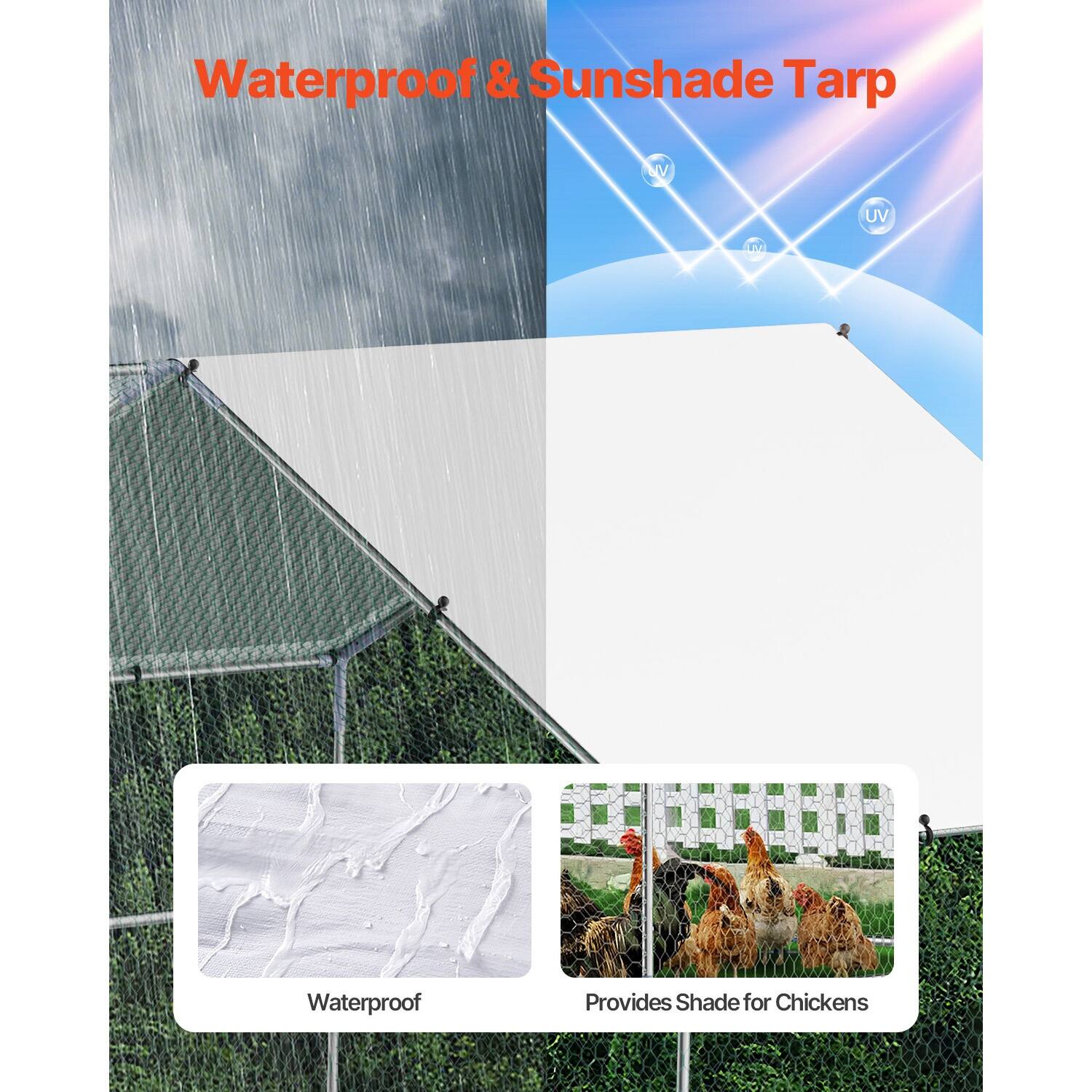 Waterproof & Sunshade Tarp

Waterproof

Provides Shade for Chickens