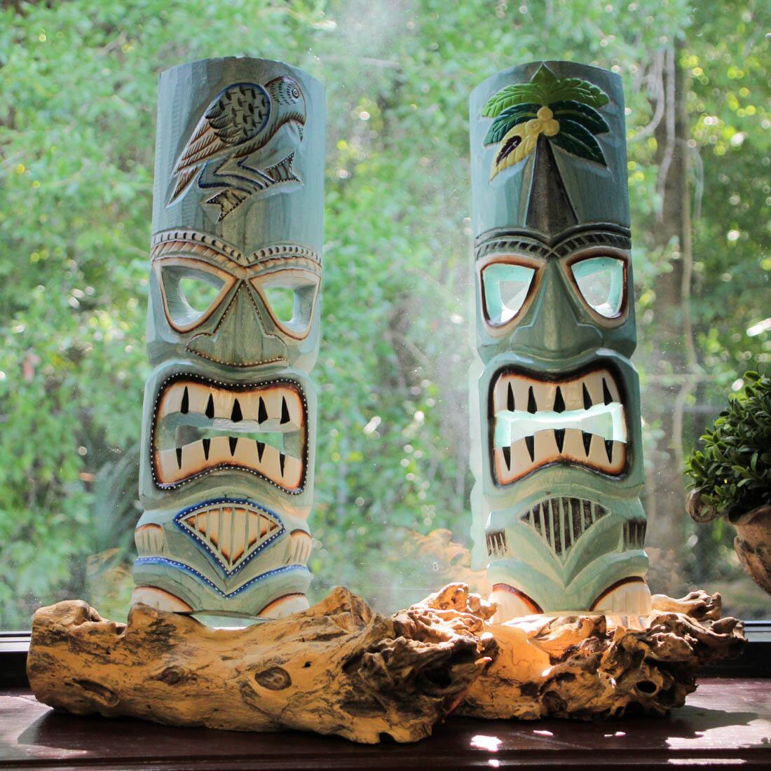 Alt View 10. Things2Die4 - Handcrafted Aqua Blue Parrot & Palm Tree Wooden Tiki Mask Wall Hangings – 20 Inches High - Set of 2 - Blue.