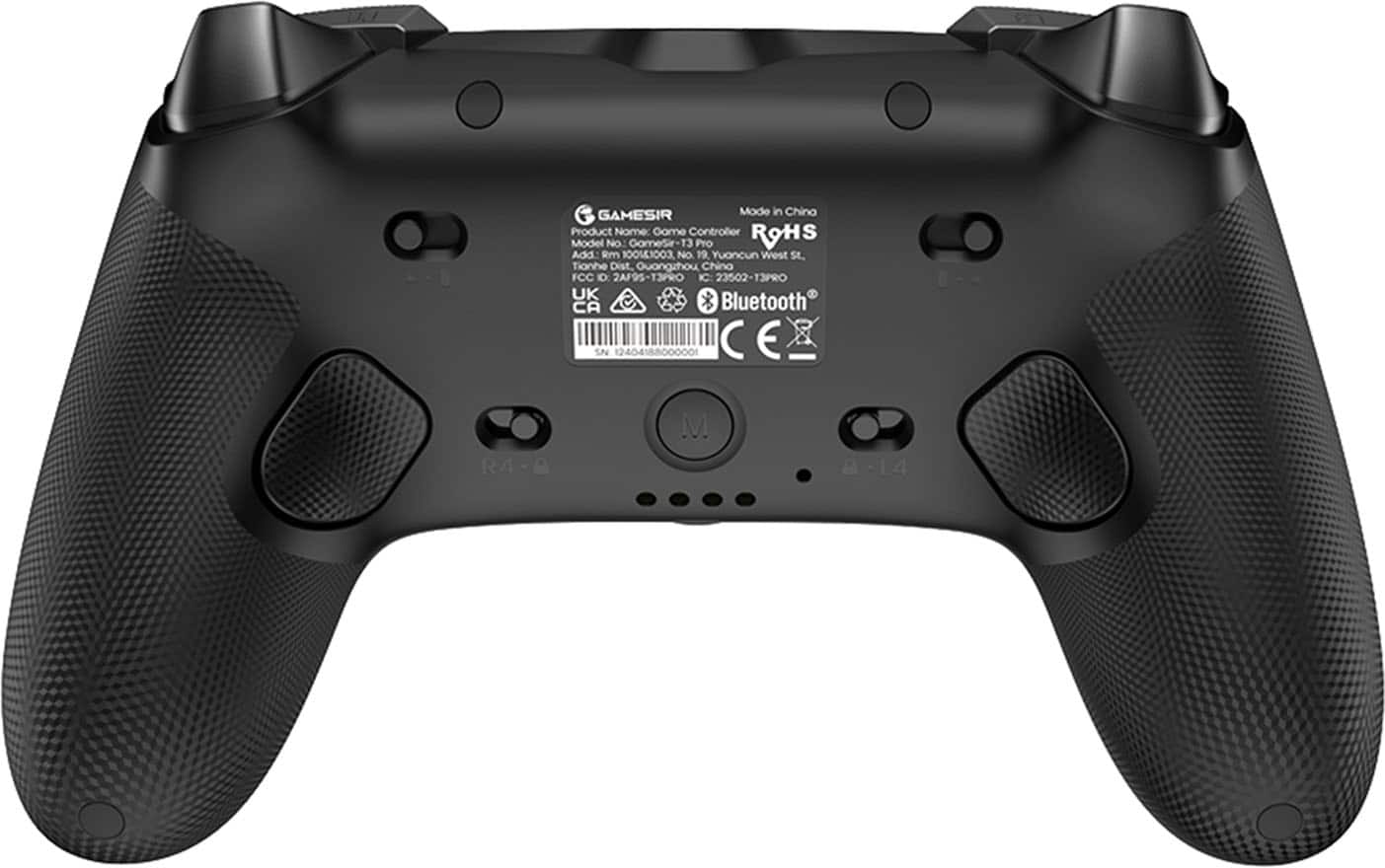 The text on the image reads: "GAMESIR Mode in China Product Nome: Game Controller Model No. GomeSir-13 13 Pro ROHS Add Rm 10011003 No. 19 Yuonoun West St. Tianhe Dist. Ouangzhou Chino FCC ID 2AF95-T3PRO IC: 23502-13PRO UK CA S * Bluetooth SN 12404188000001 E R4 M L4."