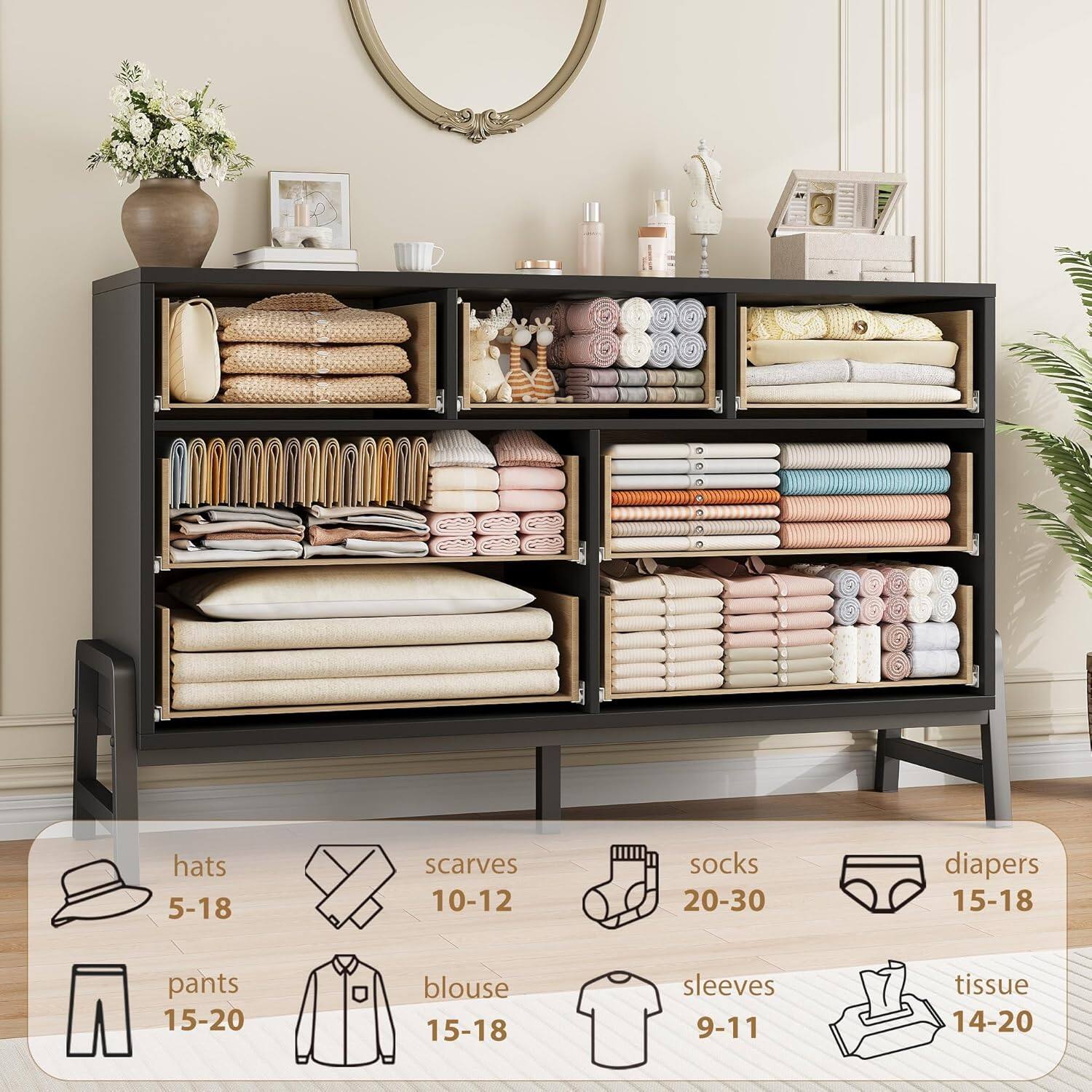 hats 5-18  
scarves 10-12  
socks 20-30  
diapers 15-18  
pants 15-20  
blouse 15-18  
sleeves 9-11  
tissue 14-20