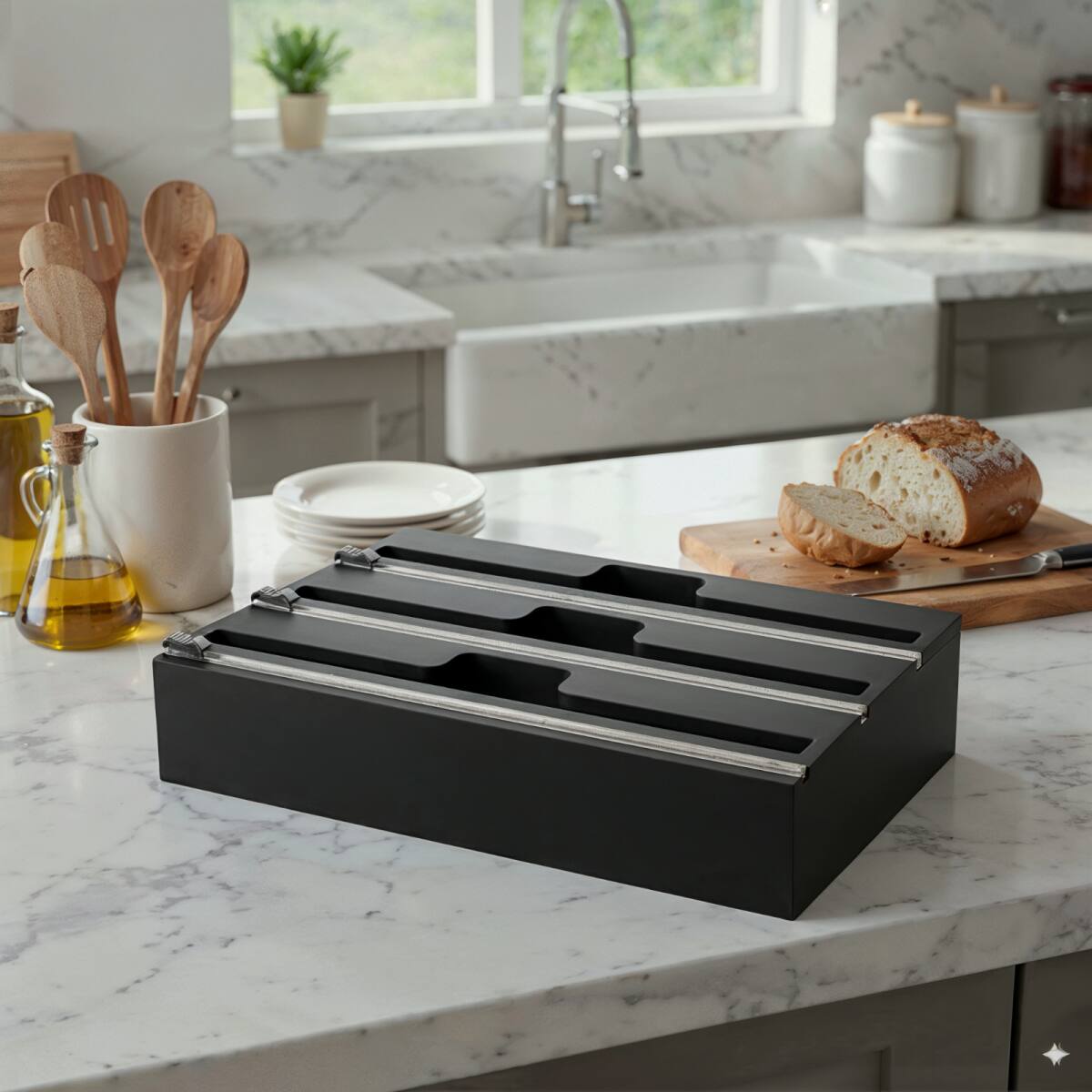 Alt View 1. Tooloton - 3 in 1 Wrap Dispenser with Cutter and Labels, Storage Holder for 12-Inch Plastic Wrap, Foil, and Wax Paper Rolls, Black - Black.