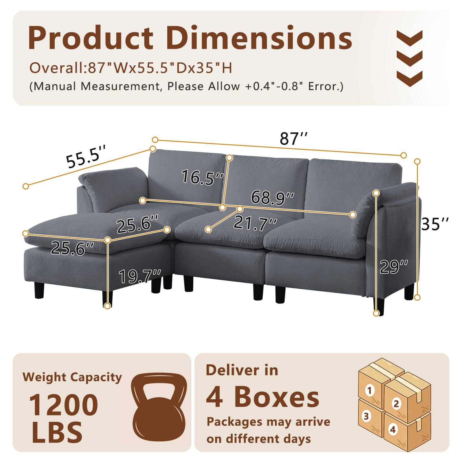 Product Dimensions Overall: 87"Wx55.5"Dx35"H (Manual Measurement, Please Allow +0.4"-0.8" Error.)  
87" 55.5" 16.5" 68.9" 25.6" 21.7" 25.6" 19.7" 35" 29"  
Weight Capacity: 1200 LBS  
Deliver in 4 Boxes  
Packages may arrive on different days