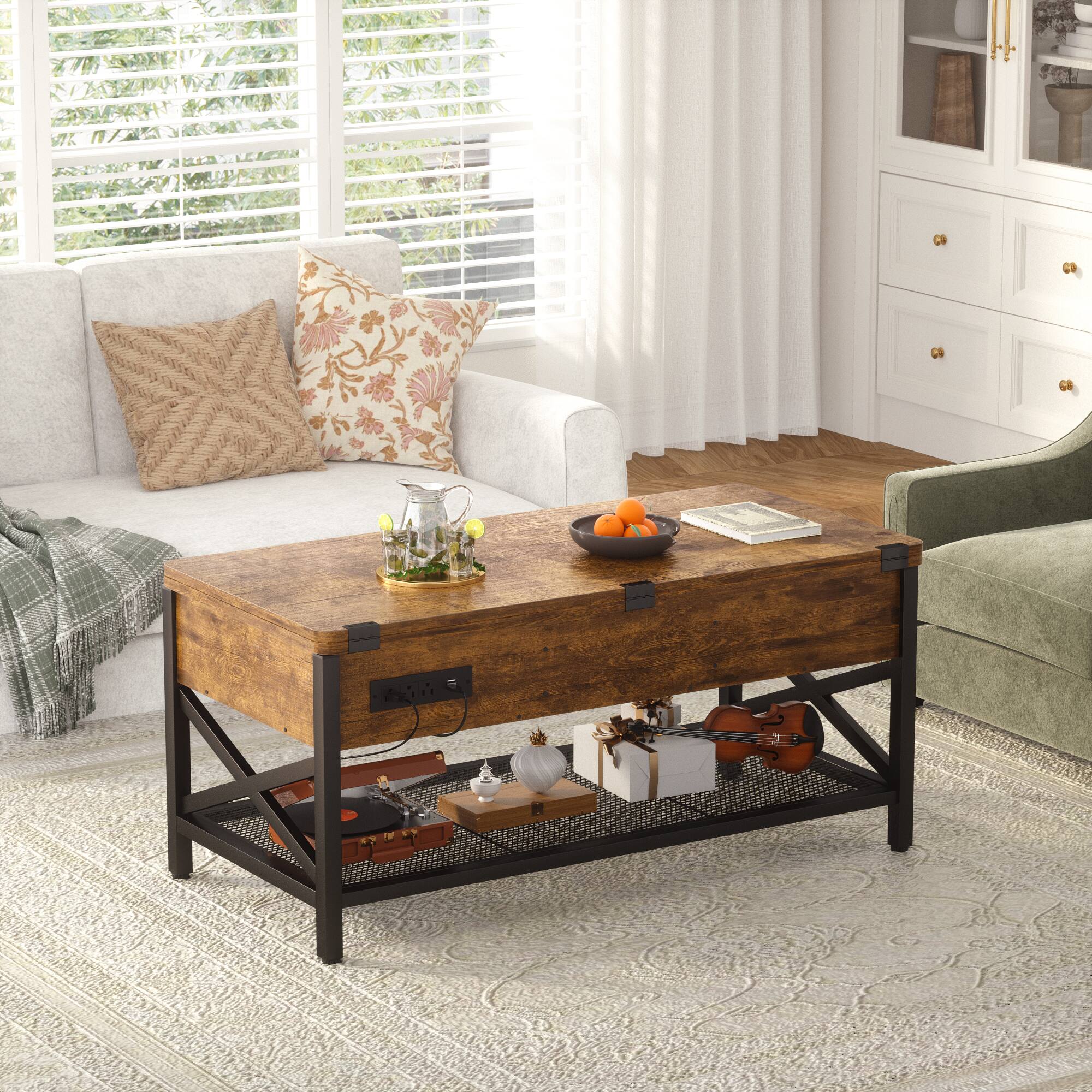 Angle. Aheaplus - Convertible Lift Top Coffee Table: LED Lights & Power Outlet, Multi-Function Center Table for Living Room - Rustic Brown.