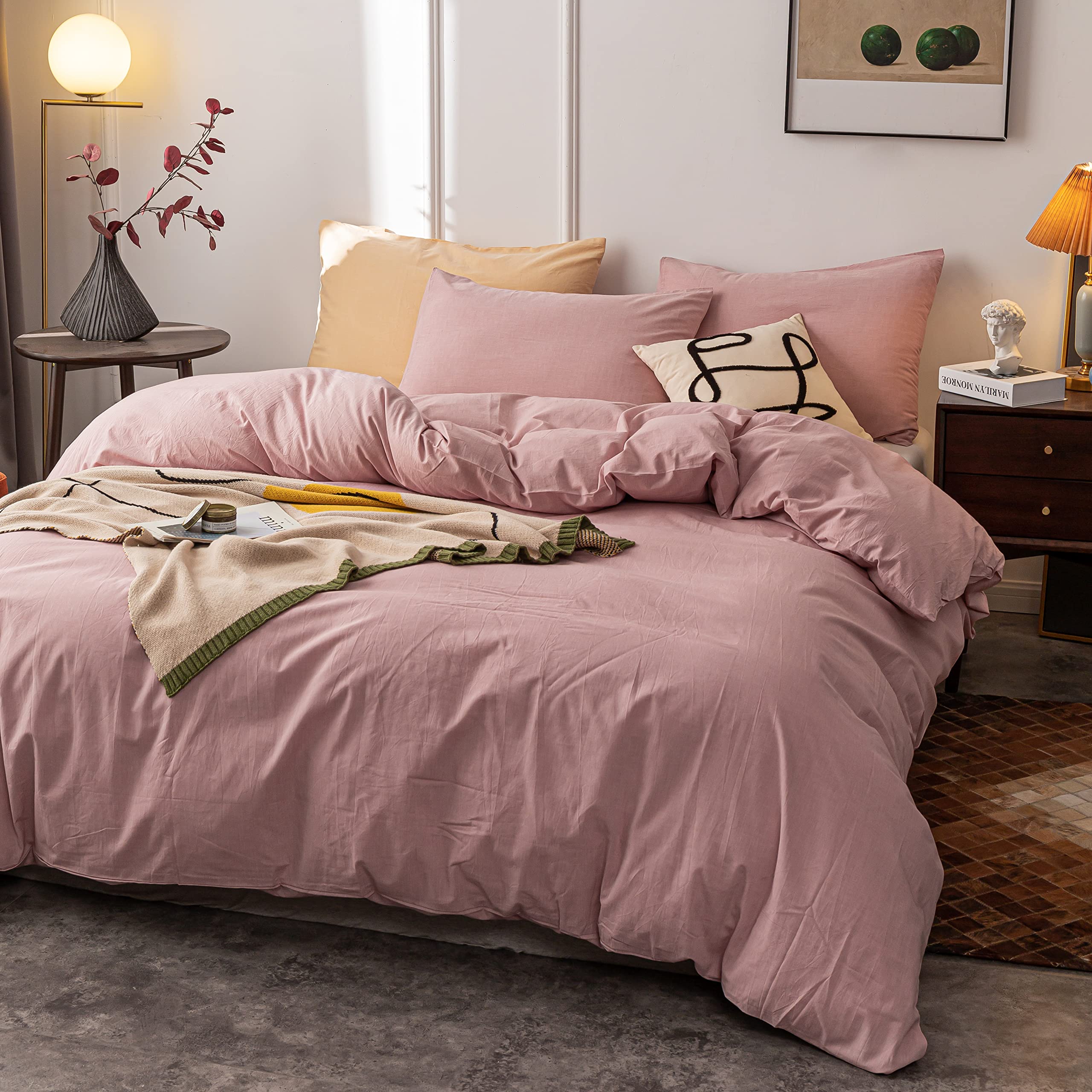 Left. PO3TICJUNKI3 - Washed Cotton Duvet Cover Queen Ultra Soft Solid Color Dusty Set With Zipper Closure 3 Pieces - Coffee-Full.