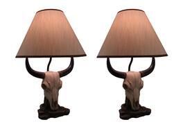 Zeckos - Set of 2 Cattle Ranch Bovine Cow Skull Decorative Table Lamps with Fabric Shades - Beige