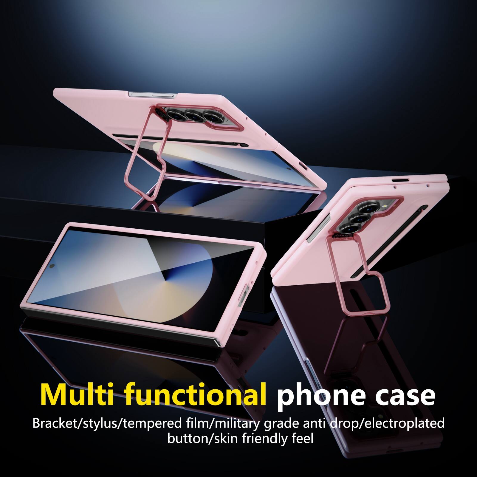 Multi functional phone case  
Bracket/stylus/tempered film/military grade anti drop/electroplated button/skin friendly feel