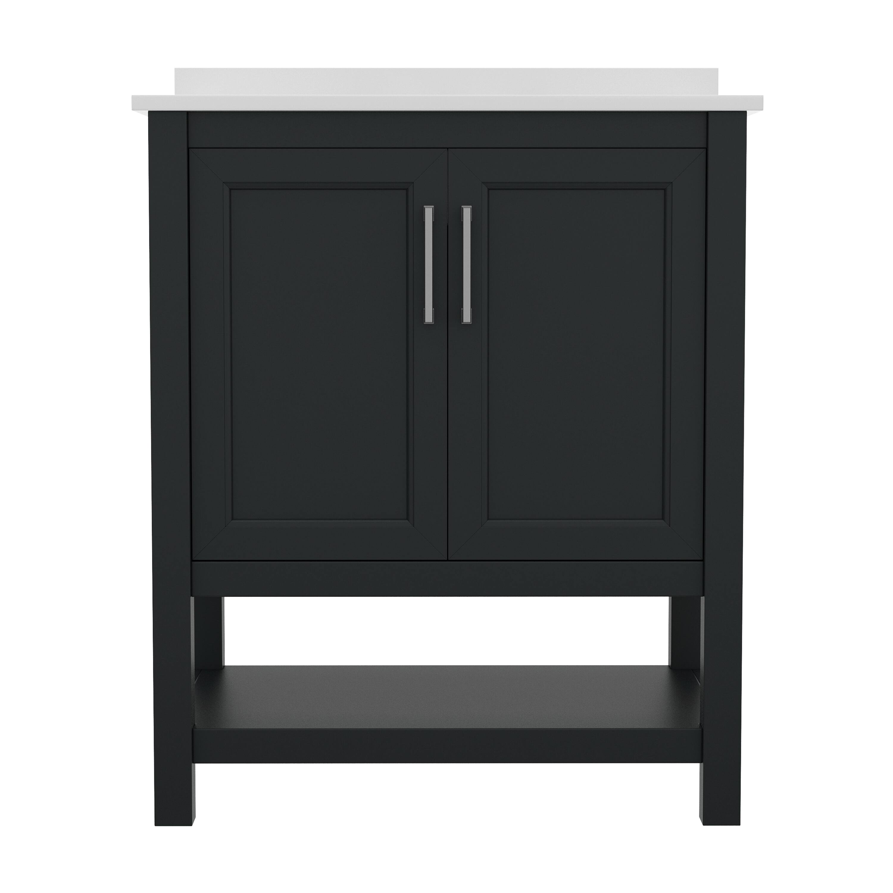 Alt View 7. Emma + Oliver - Vesta Bathroom Vanity, Single Sink Cabinet with 2 Soft Close Doors and Open Shelf, Carrara Marble Finish Countertop - Black Frame/Nickel Hardware.