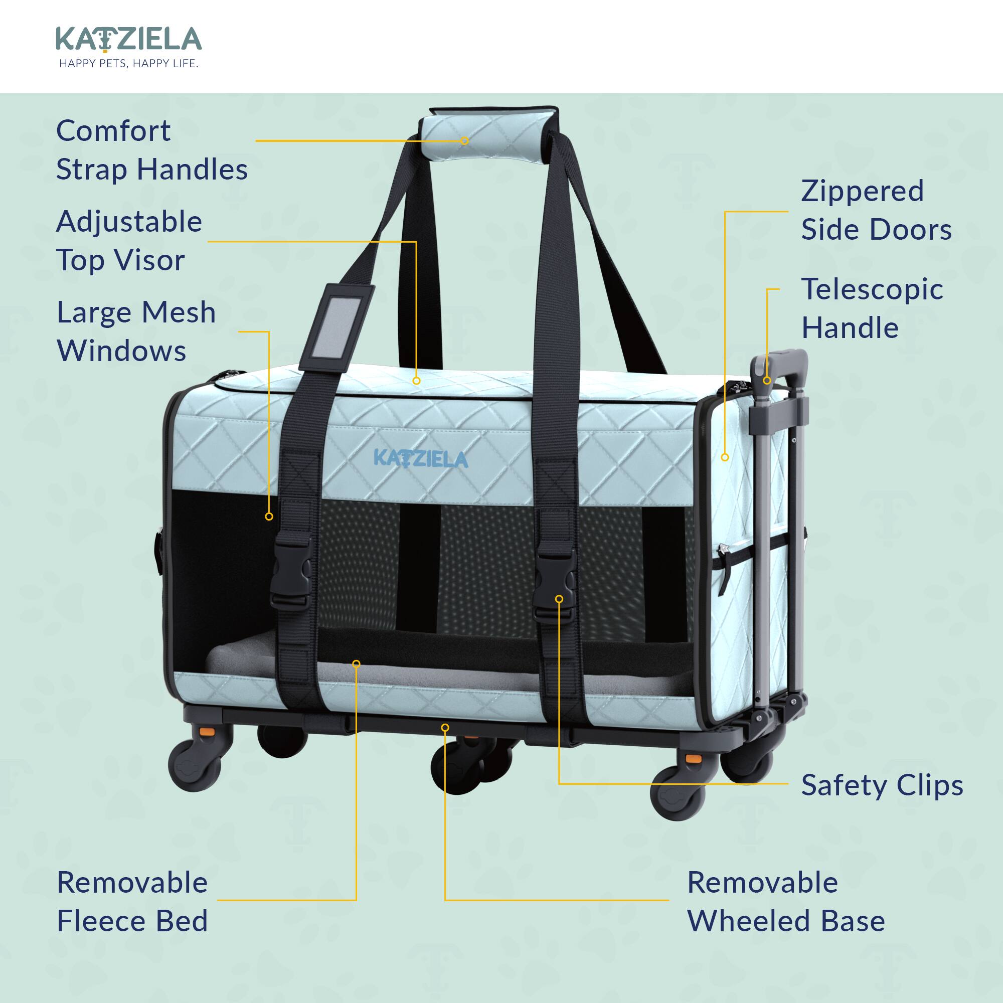 KATZIELA HAPPY PETS. HAPPY LIFE.

- Comfort Strap Handles
- Adjustable Top Visor
- Large Mesh Windows
- Zippered Side Doors
- Telescopic Handle
- Removable Fleece Bed
- Safety Clips
- Removable Wheeled Base