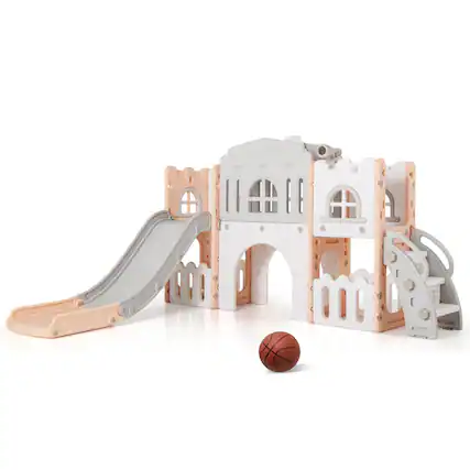 Front. Costway - Costway All in 1 Toddle Slide Playset Freestanding Kids Slide with Tunnel, Basketball Hoop - Pink+Gray.