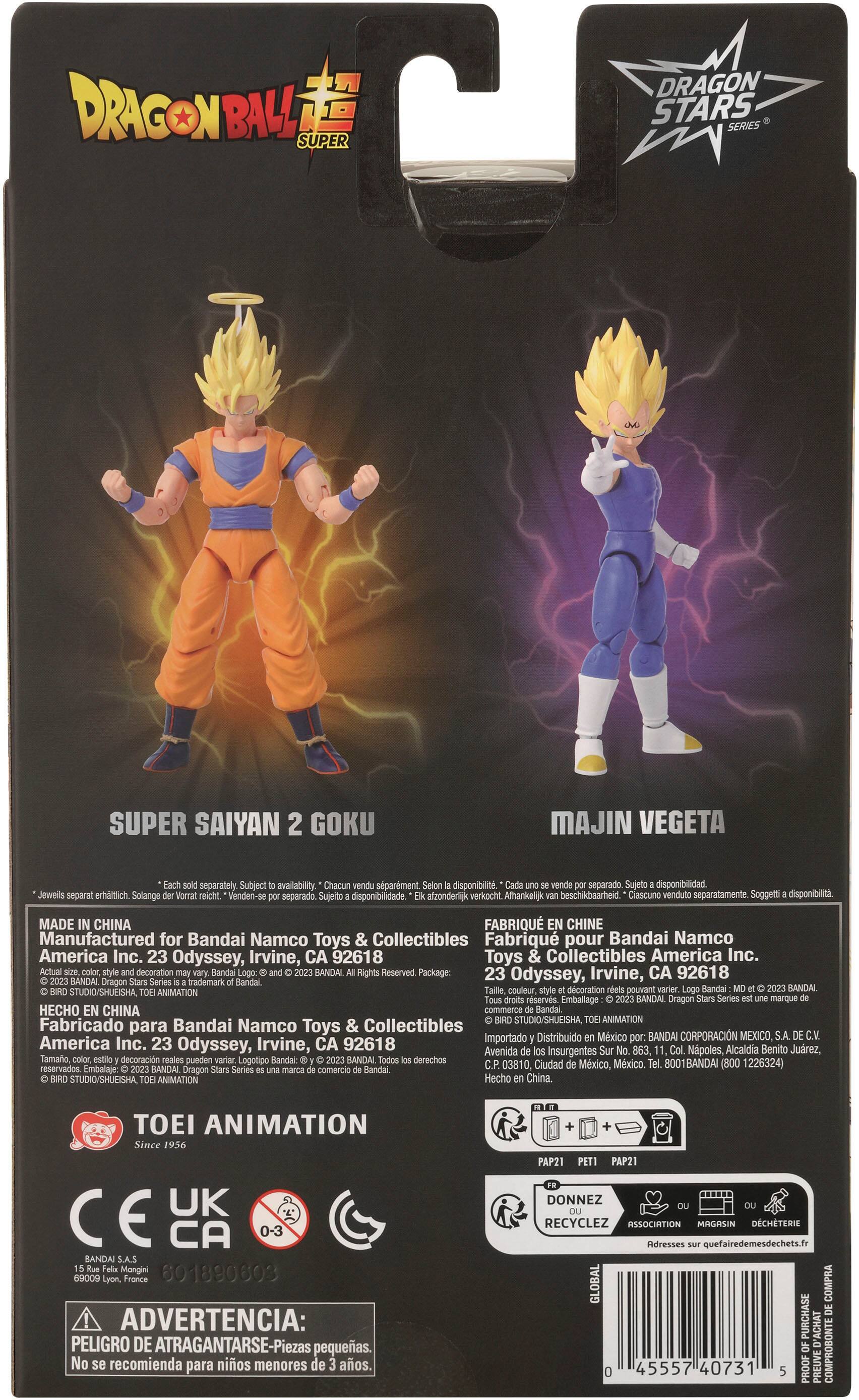 The image shows a box containing two action figures of Super Saiyan 2 Goku and Majin Vegeta from the Dragon Ball Super Stars series. The figures are made in China and are part of the Dragon Ball franchise. The box is manufactured by Bandai Namco Toys & Collectibles and is distributed by Bandai Corporation Mexico. The figures are available separately, and the box is designed to protect the figures during transportation or storage.