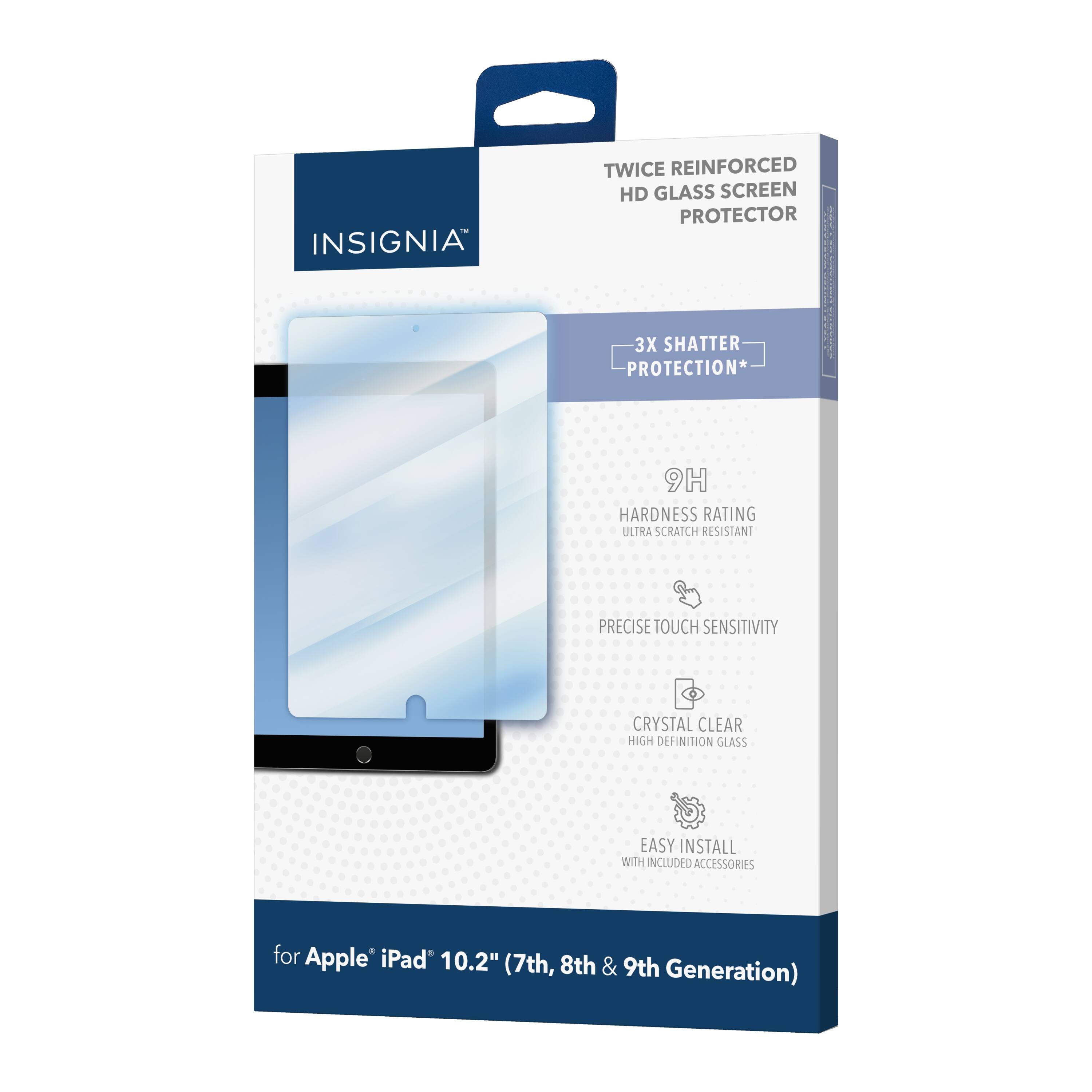 Insignia Twice Reinforced HD Glass Screen Protector for Apple iPad 10.2" (7th, 8th & 9th Generation) - 3X Shatter Protection - 9H Hardness Rating - Ultra Scratch Resistant - Precise Touch Sensitivity - Crystal Clear High Definition Glass - Easy Install with Included Accessories.