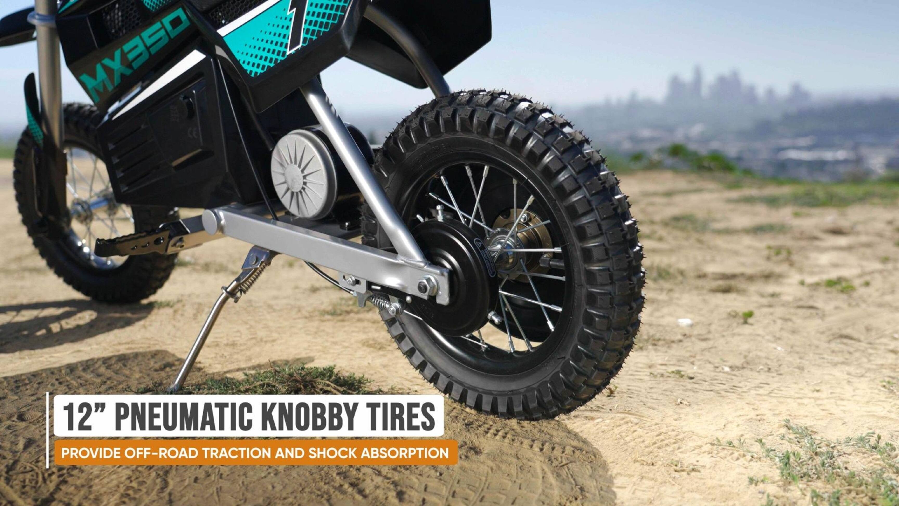 MX350 12" Pneumatic Knobby Tires provide off-road traction and shock absorption.