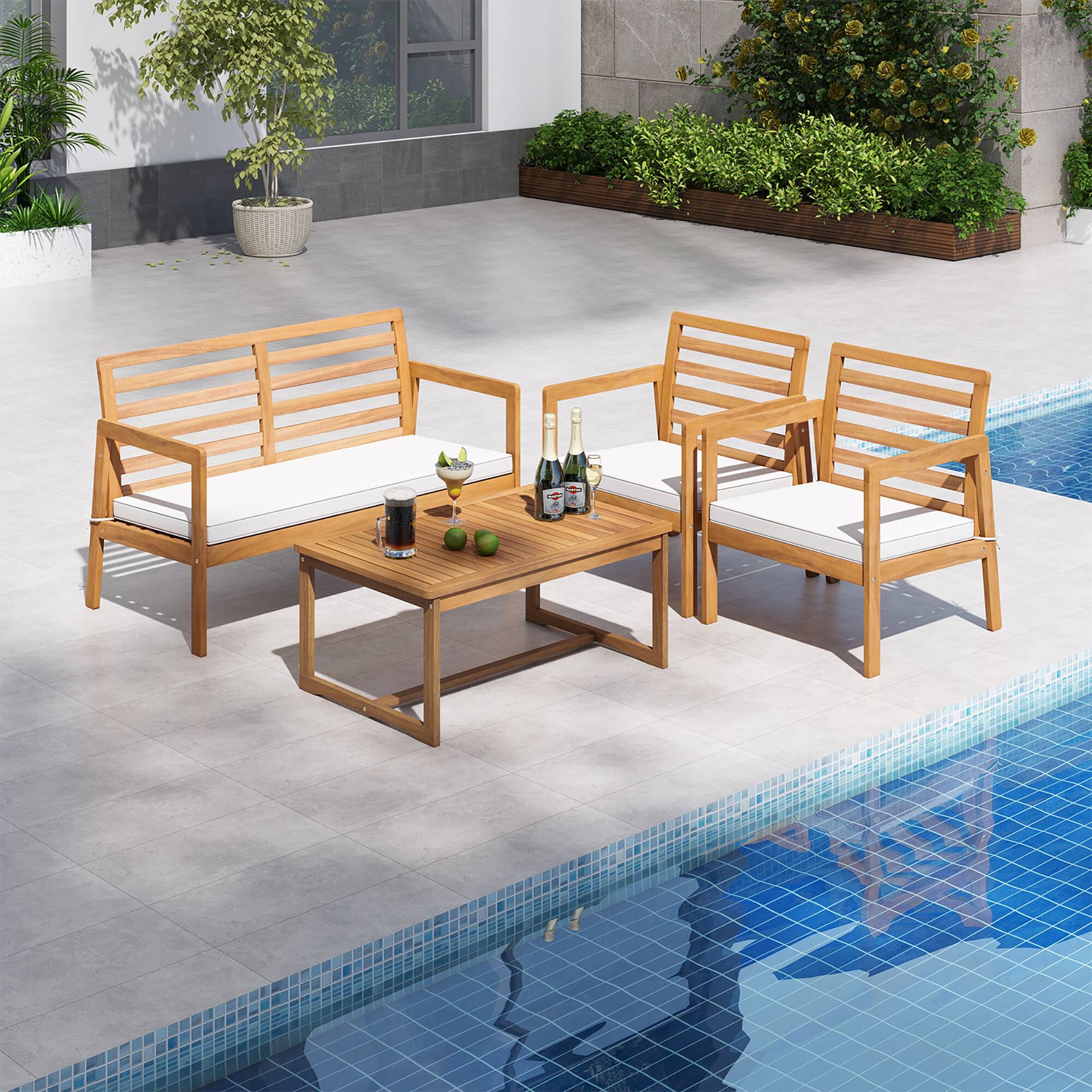 Alt View 1. Gymax - Gymax 4 PCS Wood Patio Furniture Set w/ Soft Seat Cushions Solid Acacia Wood Frame - Off White.