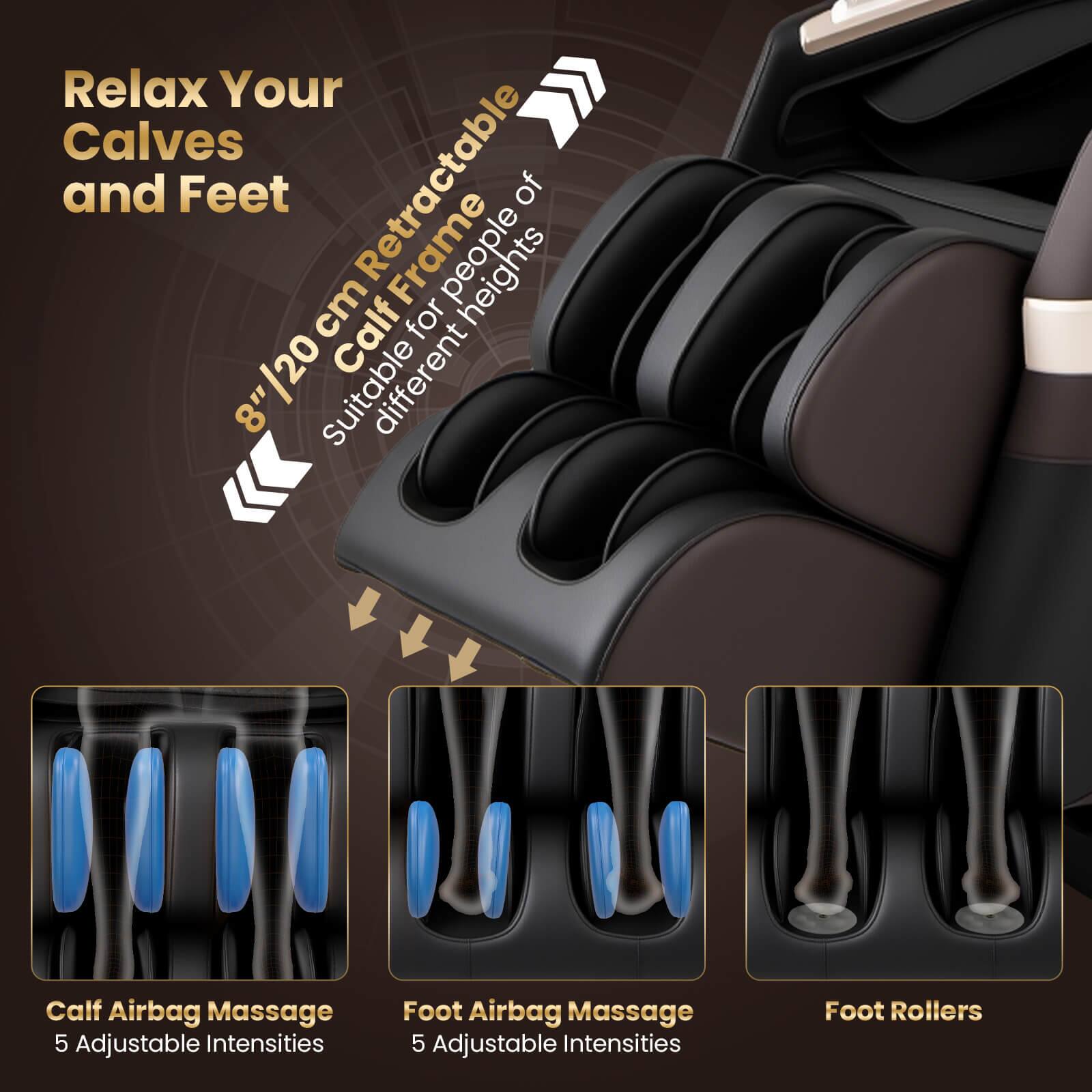 Relax Your Calves and Feet Retractable Frame heights of 120cm Calf for 8" Calf Airbag Massage 5 Adjustable Intensities Foot Airbag Massage 5 Adjustable Intensities Foot Rollers