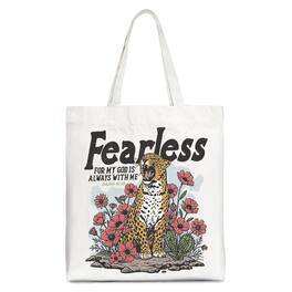 OrnamentallyYou - Floral Leopard Christian Canvas Tote Bag, Fearless For My God Is Always With Me Isaiah 41:10 - White