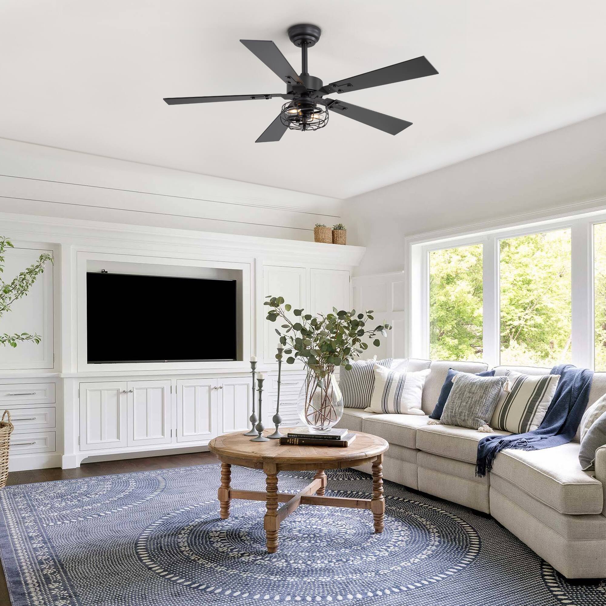 Back. Breezary - 48" Indoor Ceiling Fan with Light Kit and Remote, 6-Speed DC Motor, Timer, 5 Plywood Blades, 4''/8'' Downrods - Matte Black.