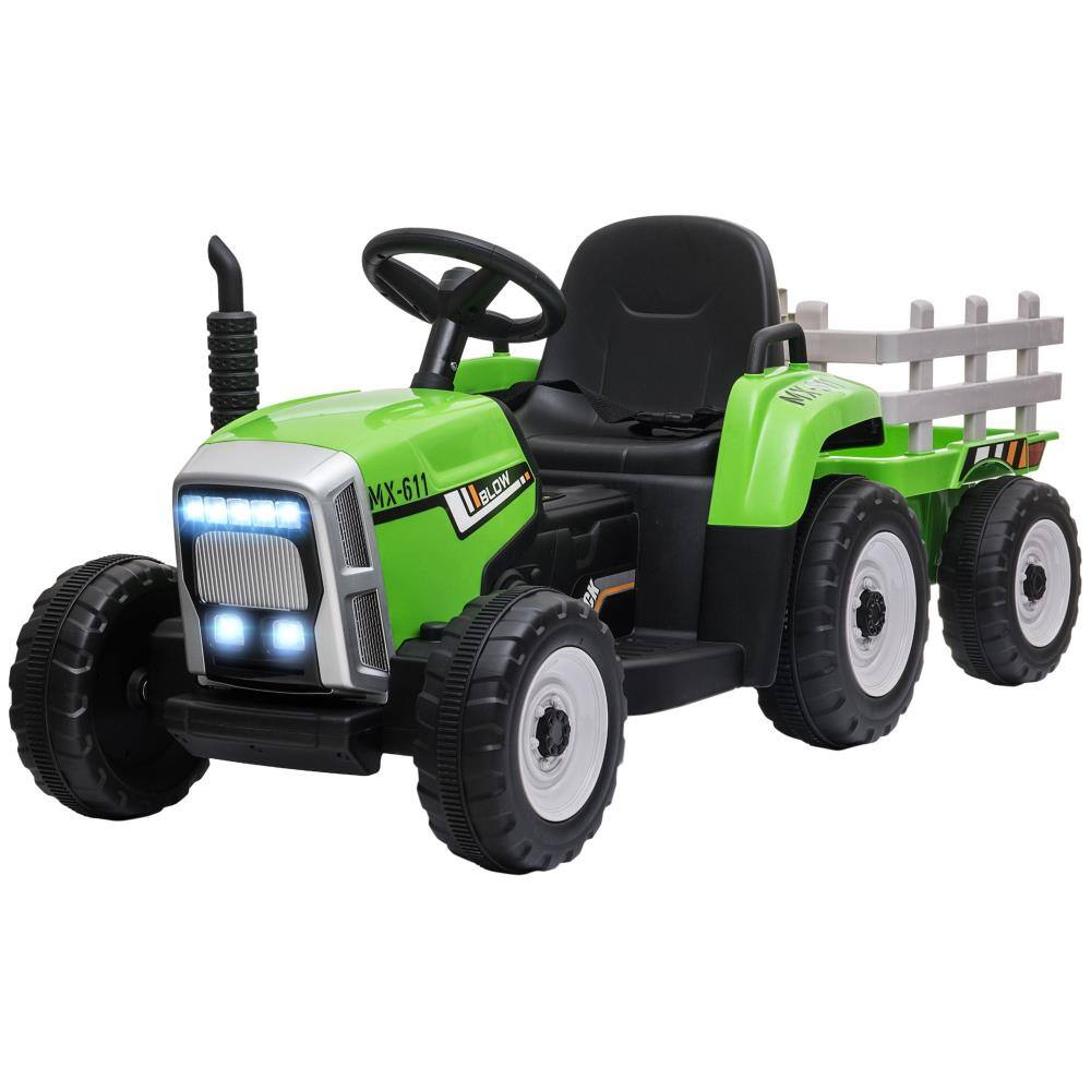 BreeBe - Aosom 12V Ride-On Tractor with Trailer, 25W Dual Motors, Electric Tractor with Remote, Music, Horn, LED Lights - Green
