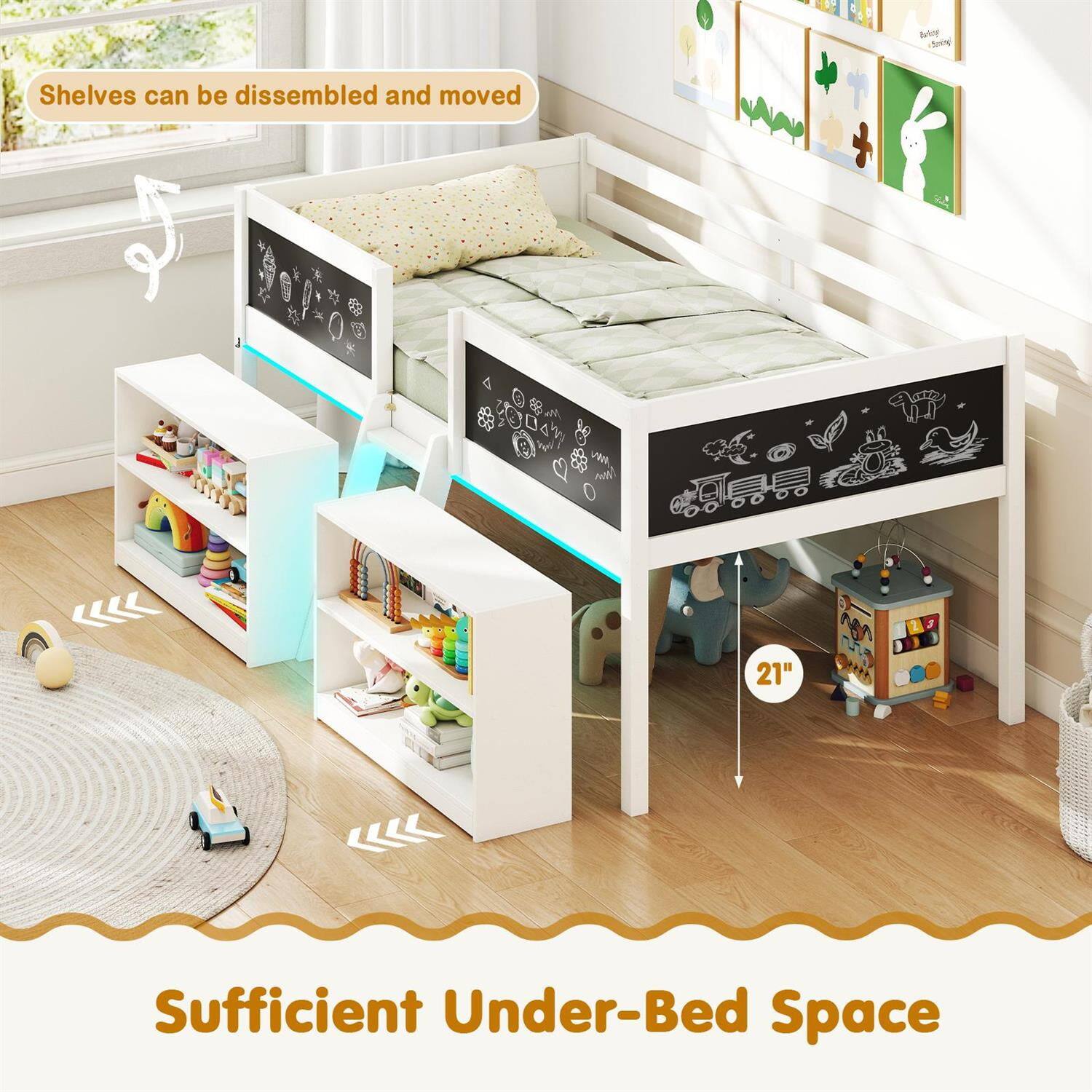 Shelves can be disassembled and moved.

Sufficient Under-Bed Space

21"