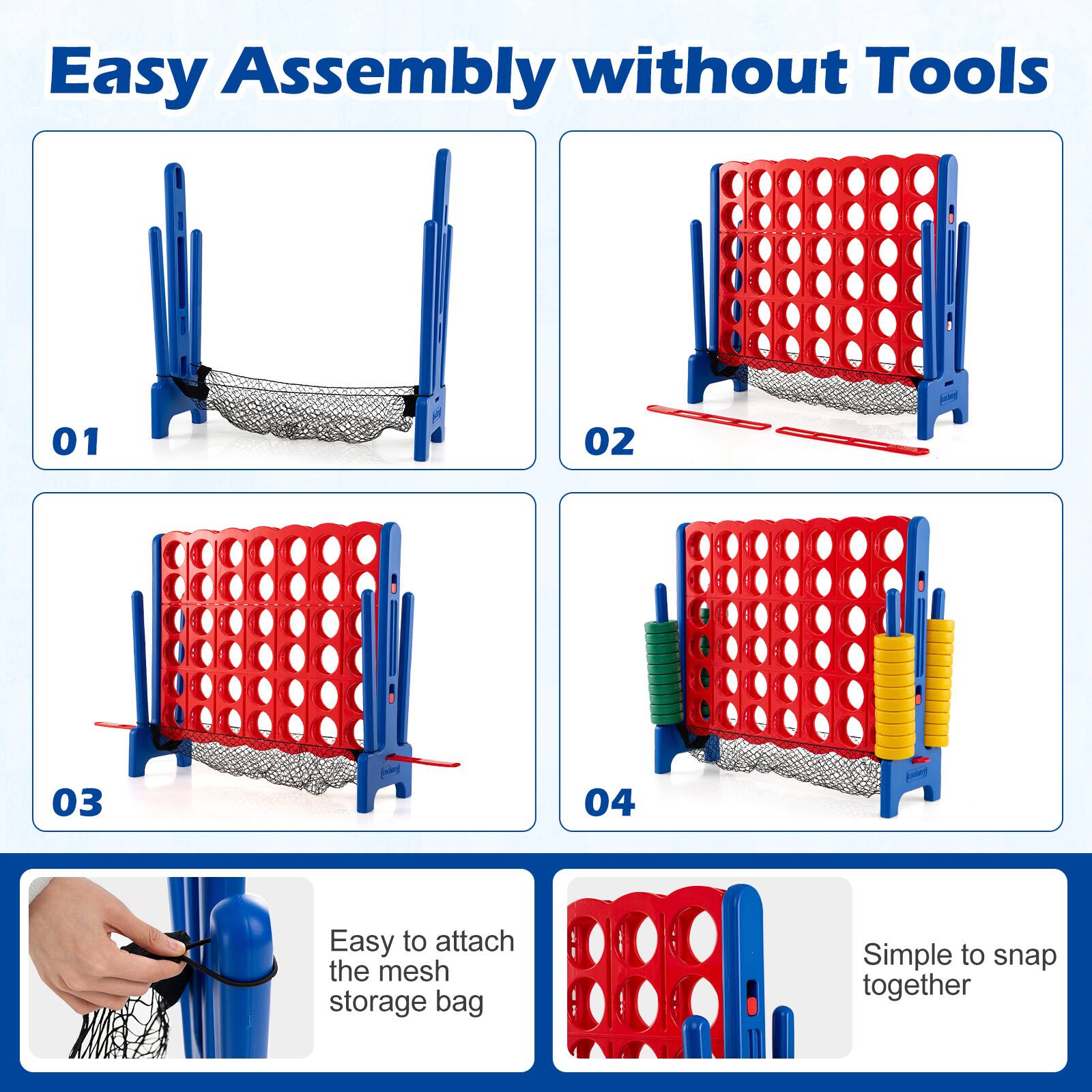 Easy Assembly without Tools

01  
Easy to attach the mesh storage bag

02  
Simple to snap together

03  
Easy to attach the mesh storage bag

04  
Simple to snap together