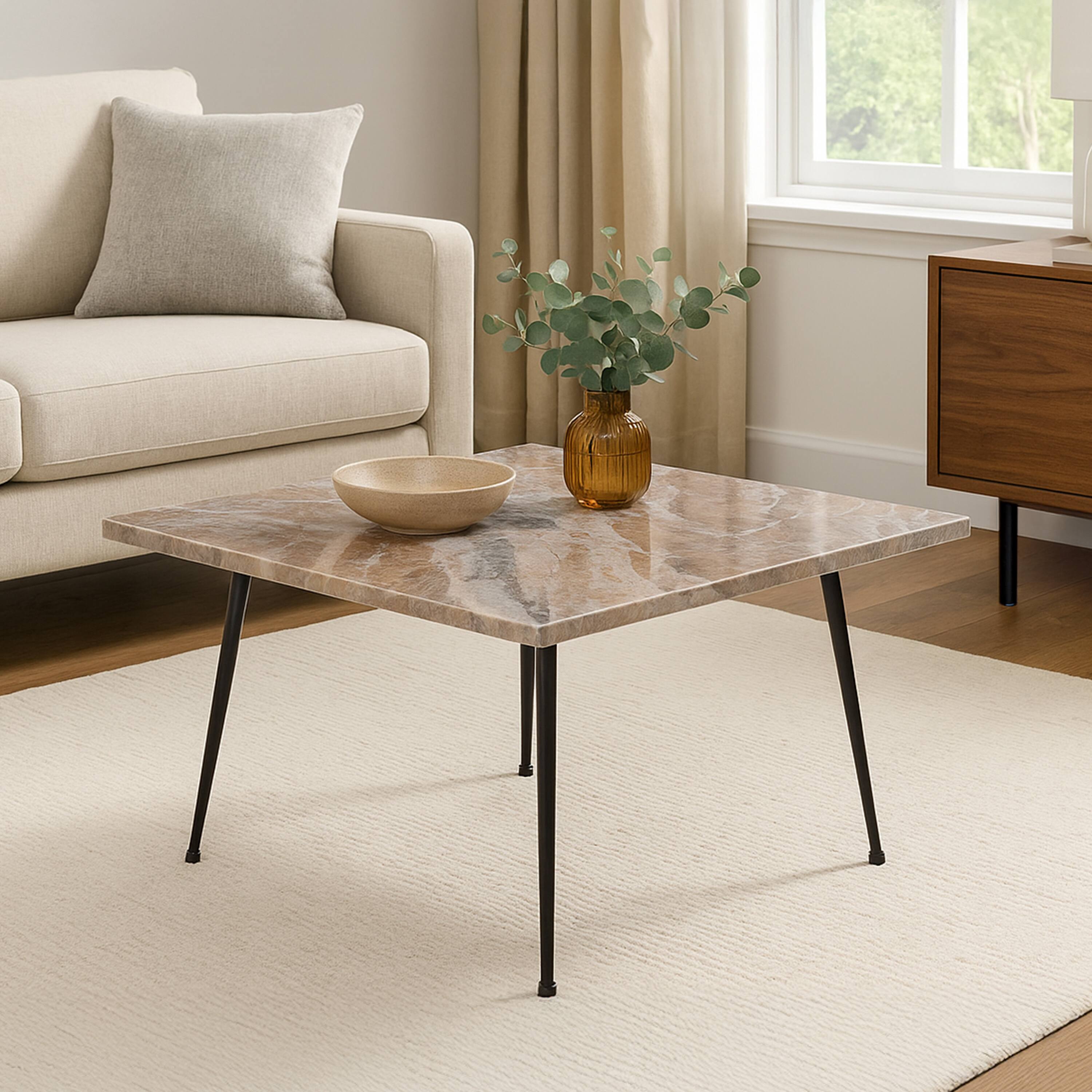 Alt View 5. Manhattan Lane - Taro Coffee Table | 24 Inch Square Taupe Brown Real Marble Top | Black Metal Legs - Taupe Brown, Black.