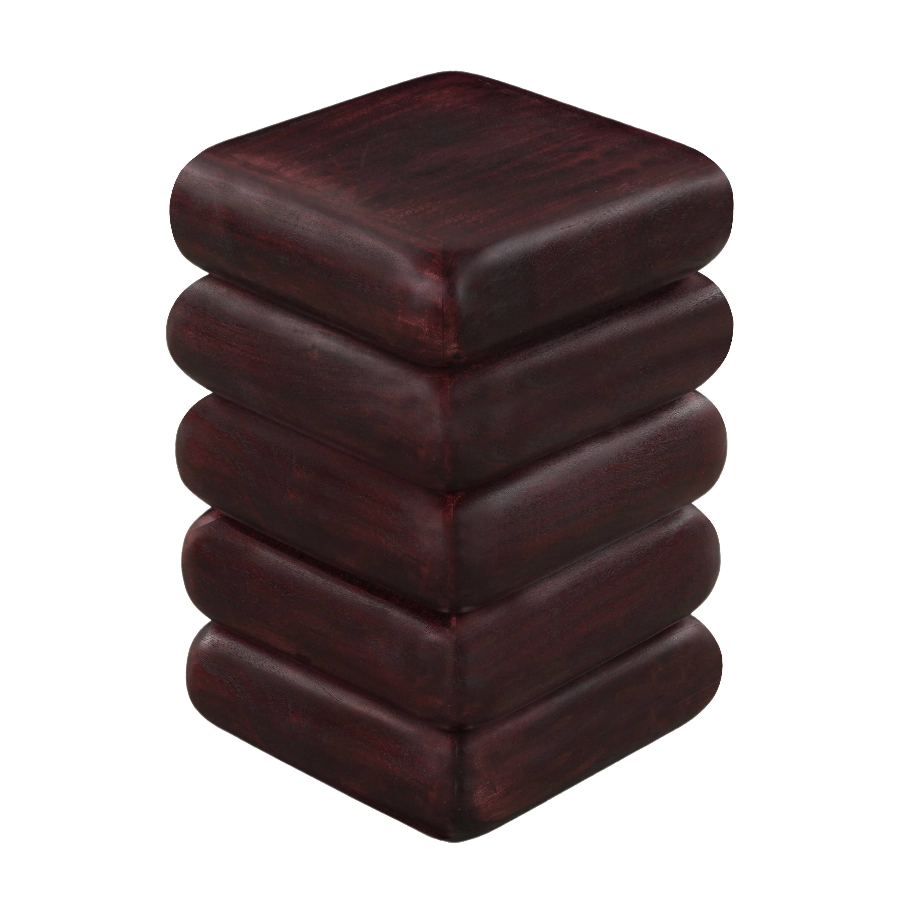 Left. Manhattan Lane - Zyra 18" Side End Table | Sculptural Stacked Design | Acacia Wood - Dark Cherry Brown.