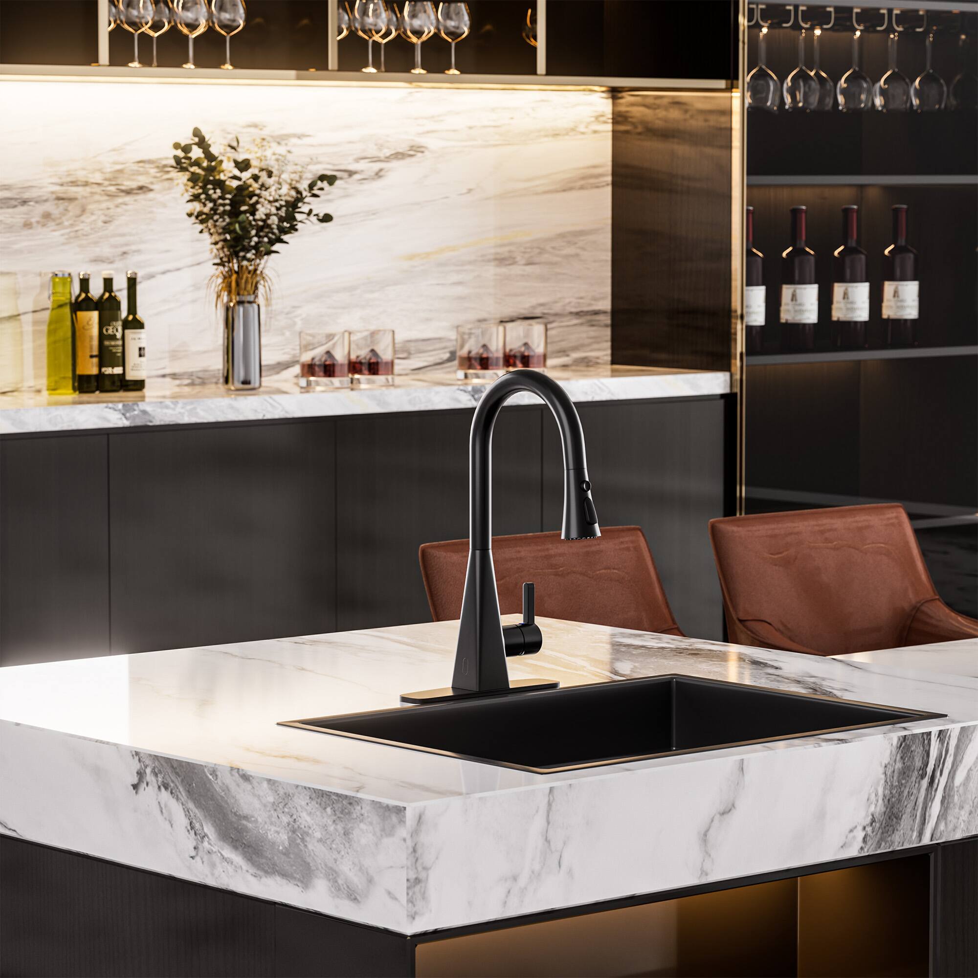 Left. Mondawe - Dual-Sensor Touchless Pull-Down Kitchen Faucet with 3-Function Sprayer - Matte Black.