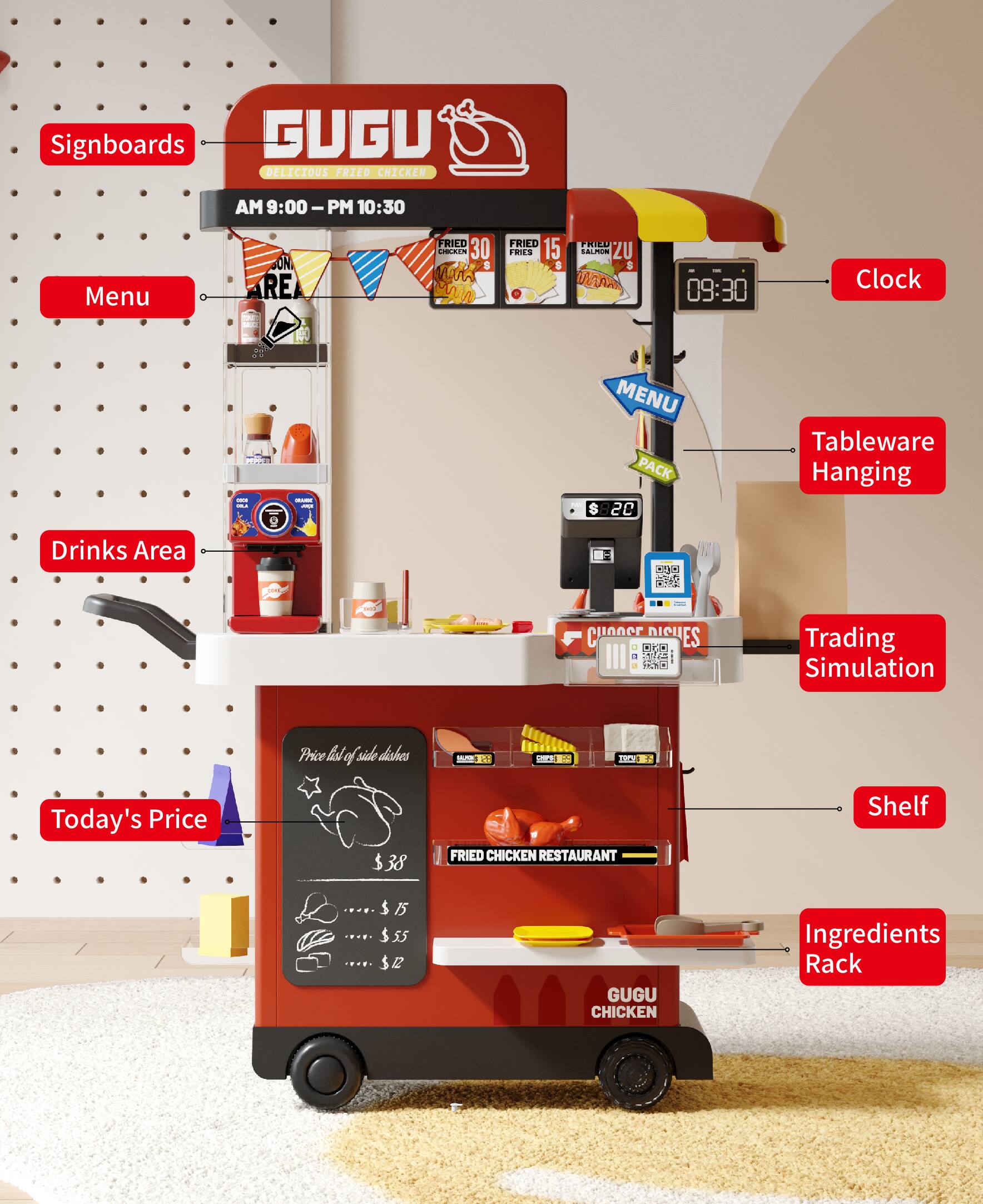 - **Signboards**
  - GUGU DELICIOUS FRIED CHICKEN
  - AM 9:00 - PM 10:30

- **Menu**
  - FRIED CHICKEN $30
  - FRIED FRIES $15
  - FRIED SALMON $20

- **Clock**
  - 09:30

- **Drinks Area**
  - Soda
  - Juice

- **Today's Price**
  - FRIED CHICKEN $38
  - FRIED FRIES $15
  - FRIED SALMON $25
  - FRIES $2

- **Tableware Hanging**
  - Forks, knives, spoons

- **Trading Simulation**
  - Menu Pack $820

- **Shelf**
  - Fried Chicken Restaurant

- **Ingredients Rack**
  - Chicken, fries, salmon

- **Menu Board**
  - Price list of side dishes

- **Pack**
  - Menu pack

- **Copper Dishes**
  - Small dishes

- **GUGU CHICKEN**