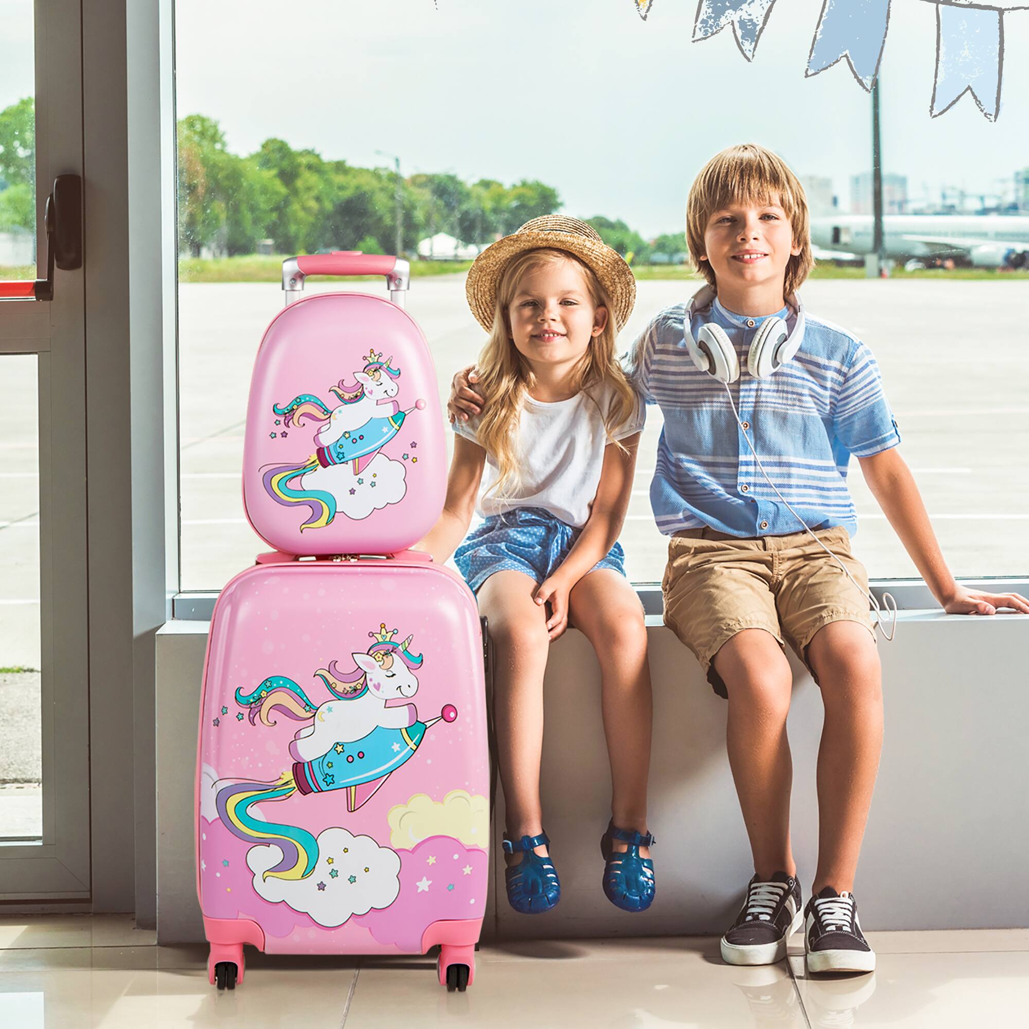 Alt View 3. Gymax - Gymax 2PCS Kids Carry On Luggage Set 12'' Backpack and 18'' Rolling Suitcase for Travel - Pink.