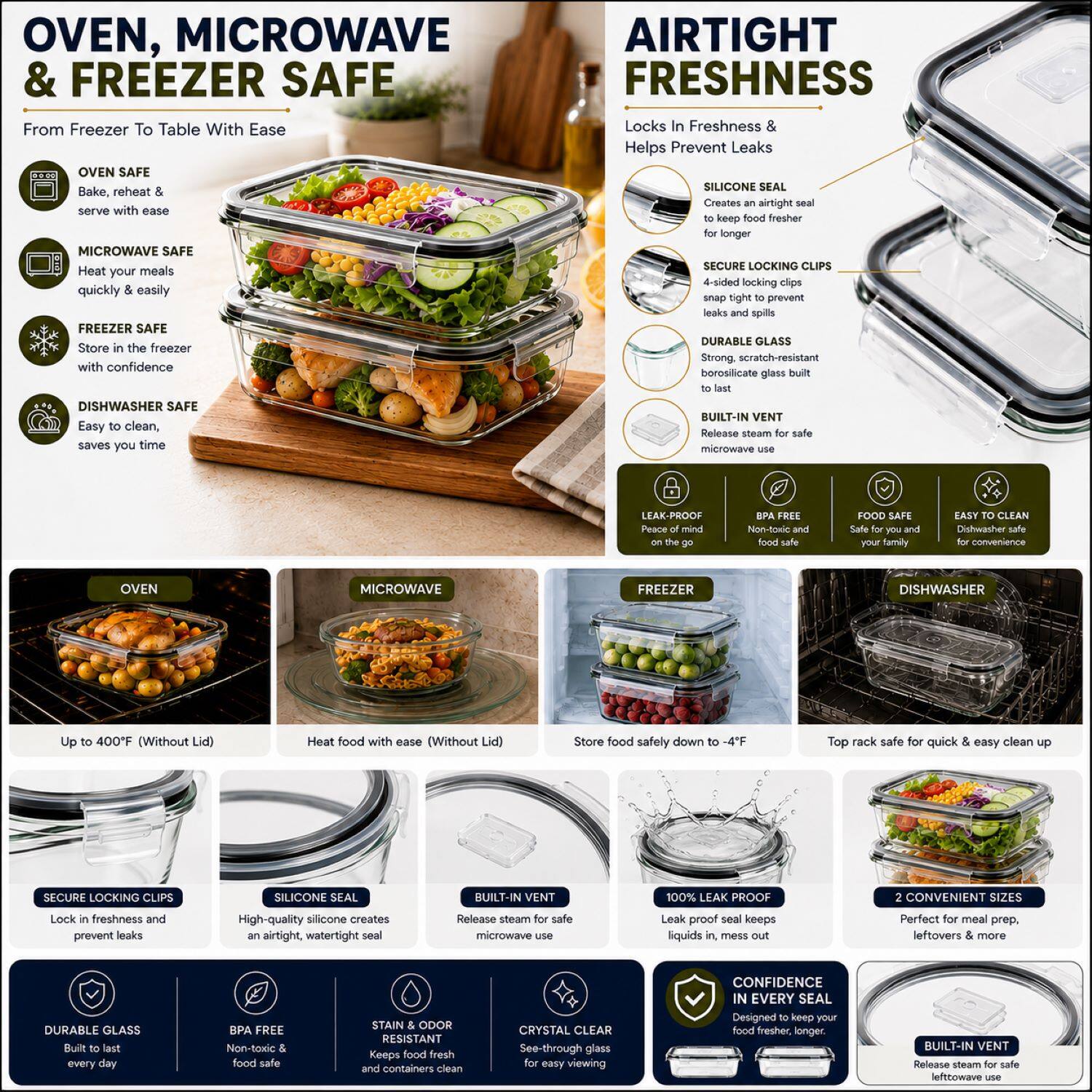 OVEN, MICROWAVE & FREEZER SAFE  
From Freezer To Table With Ease  

OVEN SAFE  
Bake, reheat & serve with ease  

MICROWAVE SAFE  
Heat your meals quickly & easily  

FREEZER SAFE  
Store in the freezer with confidence  

DISHWASHER SAFE  
Easy to clean, saves you time  

AIRTIGHT FRESHNESS  
Locks In Freshness & Helps Prevent Leaks  

SILICONE SEAL  
Creates an airtight seal to keep food fresher for longer  

SECURE LOCKING CLIPS  
4-sided locking clips snap tight to prevent leaks and spills  

DURABLE GLASS  
Strong, scratch-resistant borosilicate glass built to last  

BUILT-IN VENT  
Release steam for safe microwave use  

LEAK-PROOF  
Peace of mind  

BPA FREE  
Safe for your family  

FOOD SAFE  
Safe for convenience  

EASY TO CLEAN  
Dishwasher  

OVEN  
Up to 400°F (Without Lid)  

MICROWAVE  
Heat food with ease (Without Lid)  

FREEZER  
Store food safely down to -4°F  

DISHWASHER  
Top rack safe for quick & easy clean up  

SEC