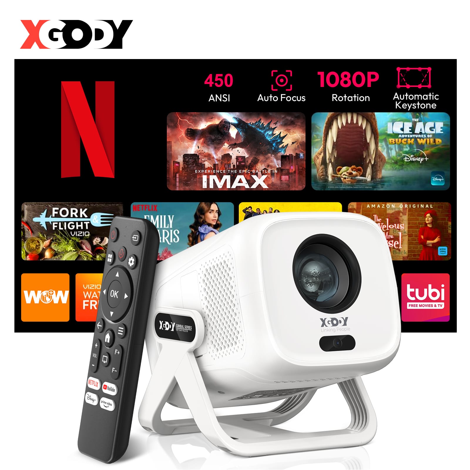 Xgody - Gimbal N5 Portable Smart Projector Netflix 450 ANSI 1080P 4K Support WiFi 6 Bluetooth 5.4 Auto Focus Home Cinema