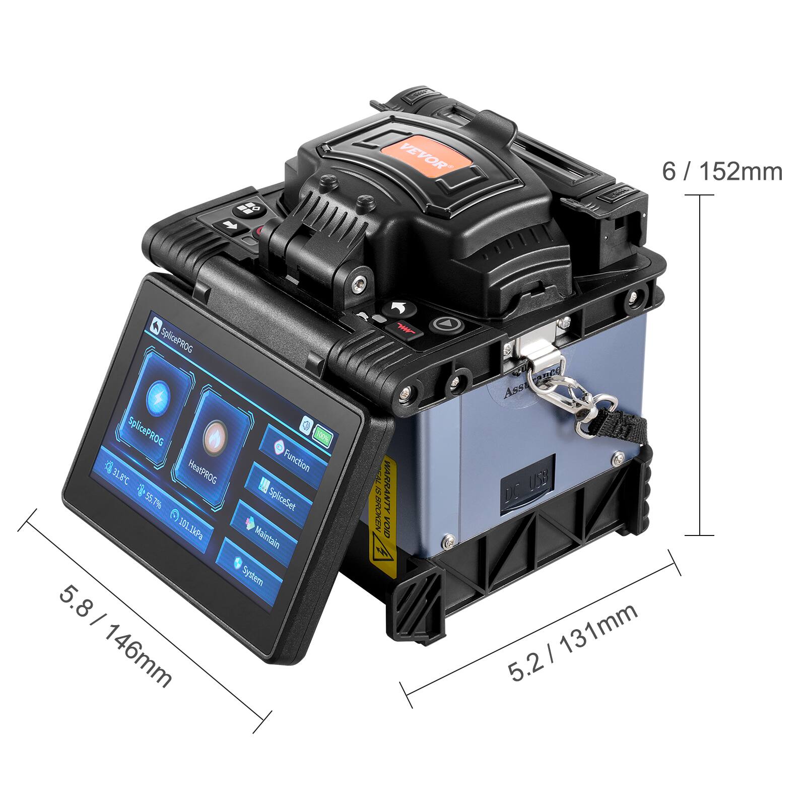 VEVOR 6 / 152mm 6 f SplicePROG SplicePROG Q A 31 HEMSPROG Function 31.8C 4 S5 55.7% SpliceSet O1OLIP 101 Maintain System 5.8 I 146mm 70 S BROKEN WARRANTY GIOA arey SB USS DC 5.2 2/ 131mm I