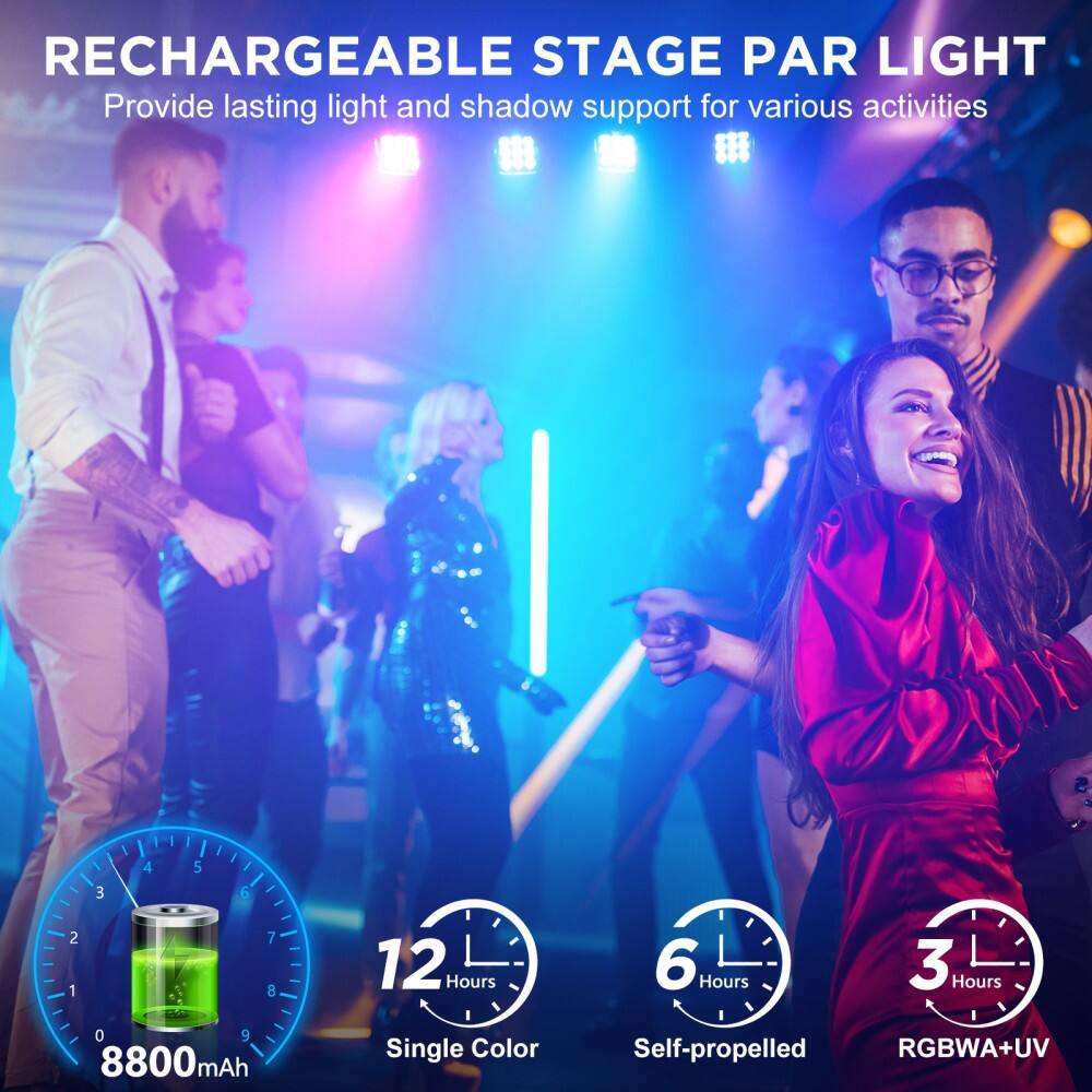 RECHARGEABLE STAGE PAR LIGHT  
Provide lasting light and shadow support for various activities  

- 12 Hours  
- 6 Hours  
- 3 Hours  
- 8800mAh  
- Single Color  
- Self-propelled  
- RGBWA+UV