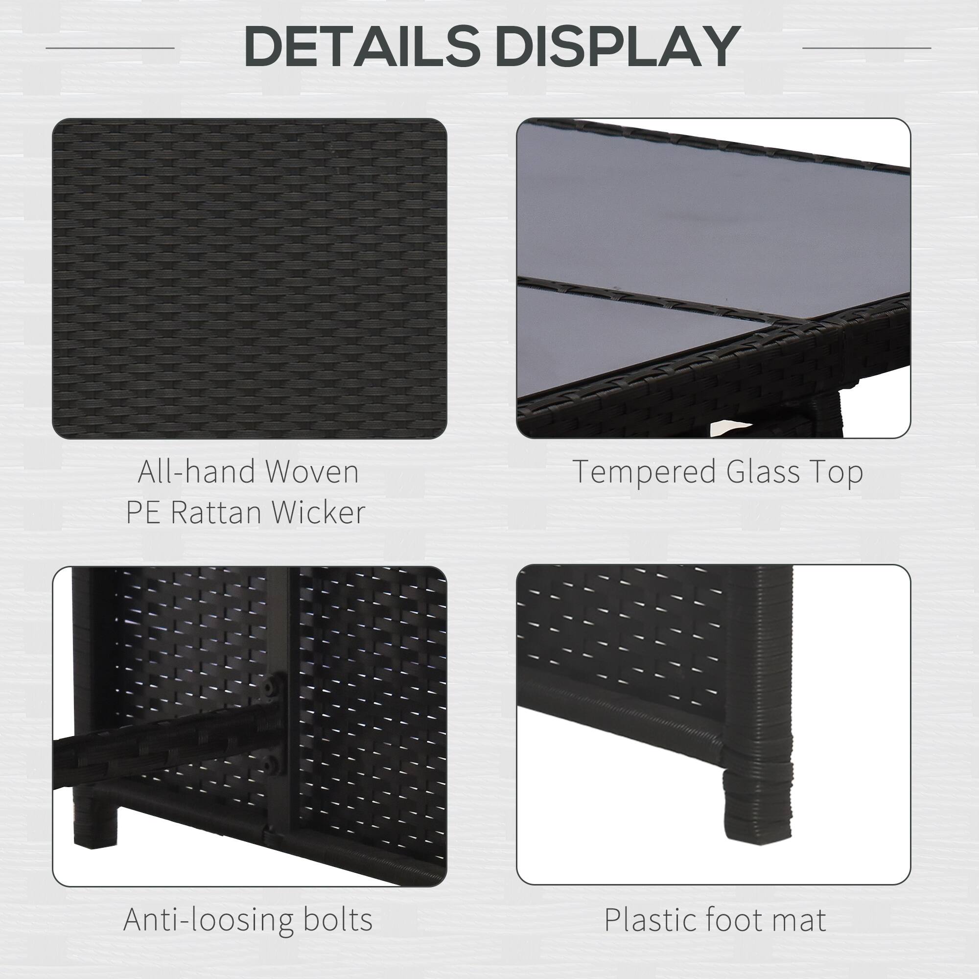 All-hand Woven, PE Rattan Wicker, Tempered Glass Top, Anti-loosing bolts, Plastic foot mat