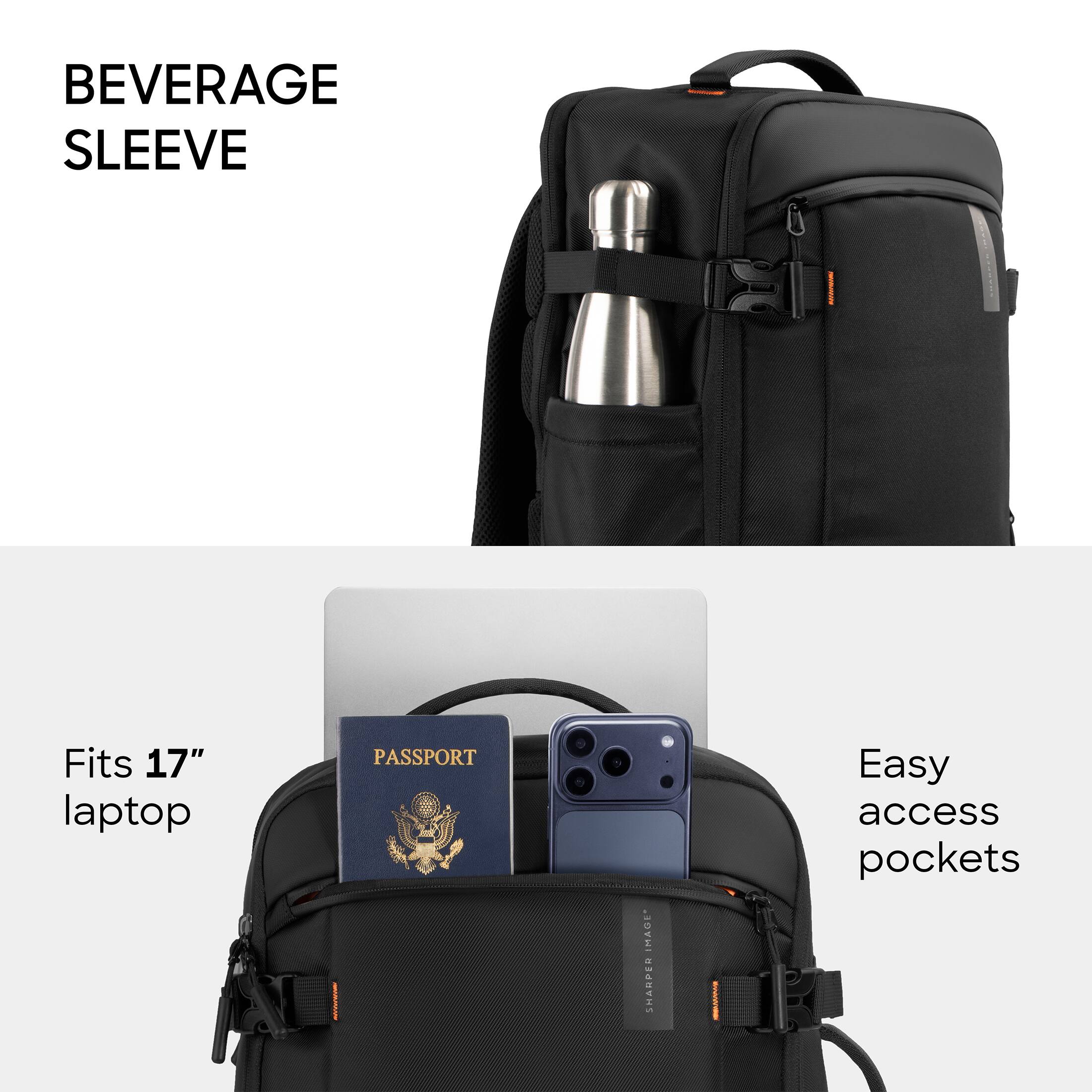 BEVERAGE SLEEVE  
Fits 17" laptop  
PASSPORT  
Easy access pockets