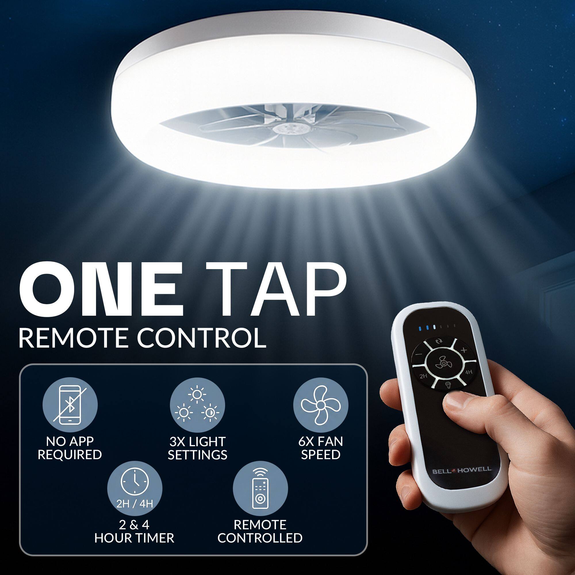 ONE TAP REMOTE CONTROL  
Ca + 214  
4H  
NO APP REQUIRED  
3X LIGHT SETTINGS  
6X FAN SPEED  
BELL HOWELL  
2H / 4H  
2 & 4 HOUR TIMER  
REMOTE CONTROLLED
