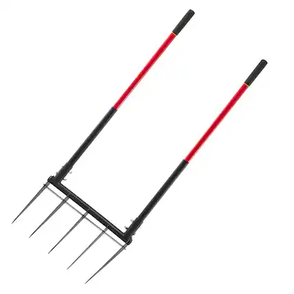 Front. VEVOR - Broad Fork, 5-Tine Pitchfork with Dual Fiberglass Handles, Heavy Duty Garden Fork , Ergonomic U-Shaped Design - Black + Red.