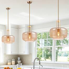 Parrot Uncle - 15" Modern Round Glass Shade Pendant Light 1-Light Adjustable Hanging Light for Kitchen Island - Amber
