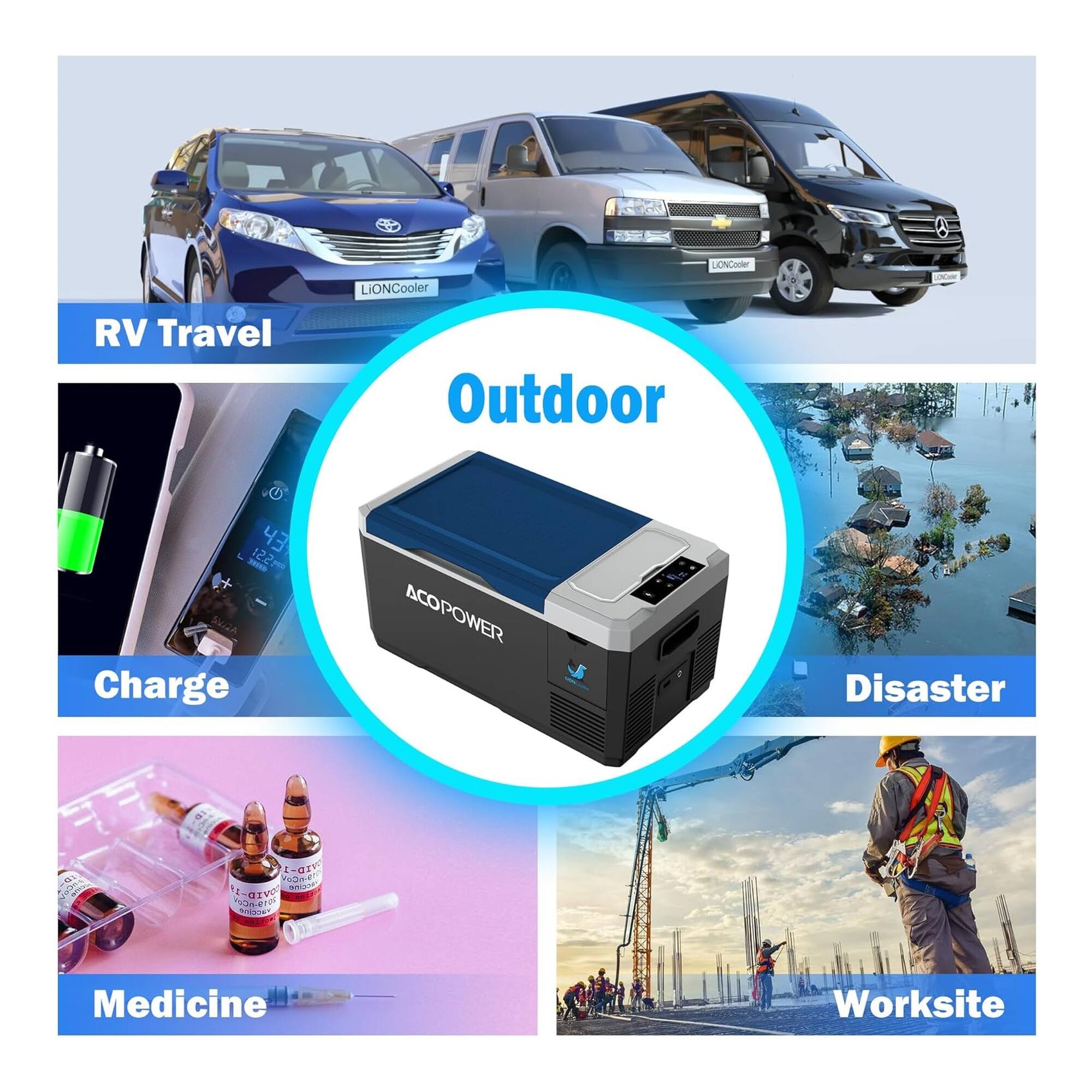 ONCOM LIONCooler Outdoor RV Travel Outdoor  
43 I 12.2 Charge ACOPOWER Disaster  
L-a Yedw+ AS B Give POReIN Sa Medicine Worksite