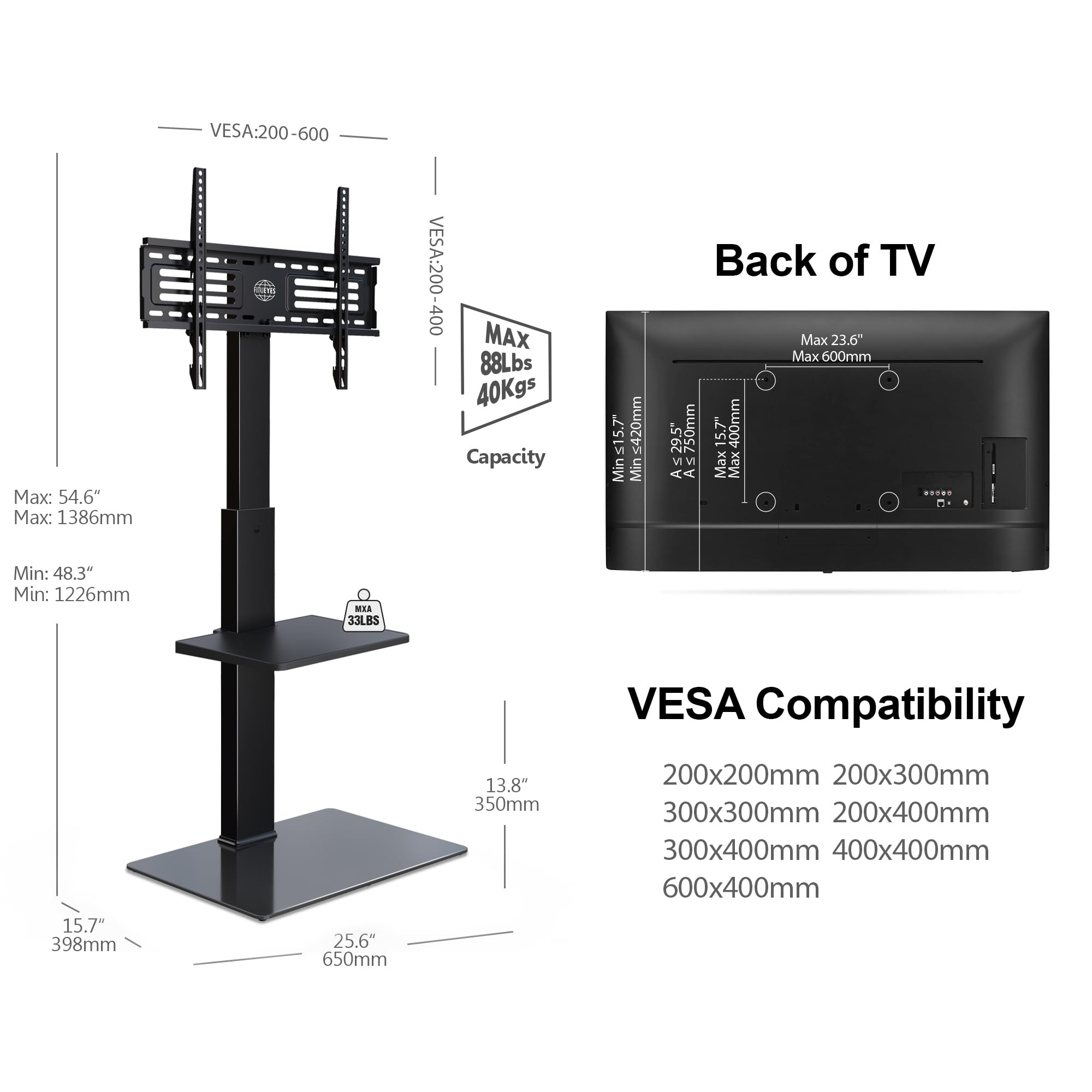 Sure, here is the corrected and grouped text from the image:

---

**VESA Compatibility**

- 200x200mm
- 200x300mm
- 300x300mm
- 200x400mm
- 300x400mm
- 400x400mm
- 600x400mm

**Back of TV**

- Max: 23.6" (600mm)
- Min: 15.7" (398mm)
- A: 250mm
- B: 250mm
- C: 350mm
- D: 350mm
- E: 1750mm
- F: 1750mm

**VESA: 200-600**

- Max: 54.6" (1386mm)
- Min: 48.3" (1226mm)

**VESA: 200-400**

- Max: 88Lbs (40