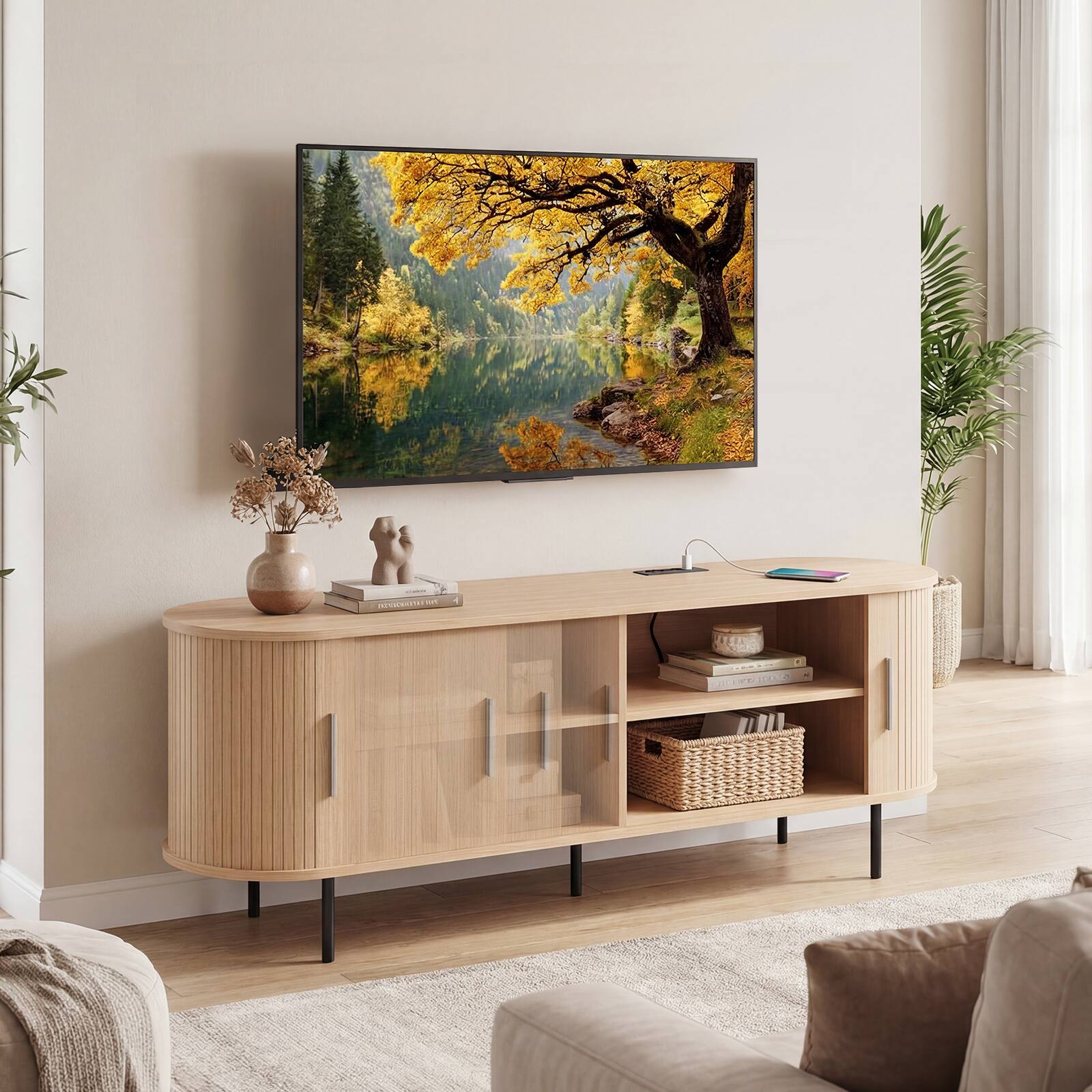 Alt View 4. Costway - Costway Fluted TV Stand for TVs up to 60", Mid Century Curved Entertainment Center - Natural.