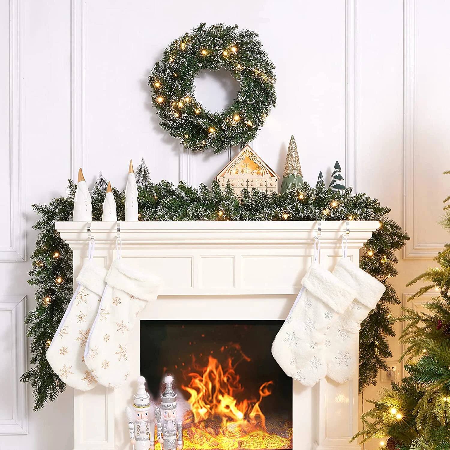 Alt View 4. MOVSSOU - 18ft Christmas Garland 50 LED Lights Pre-Lit Artificial Xmas Garland Snow Flocked Wall Christmas Decorations - green.