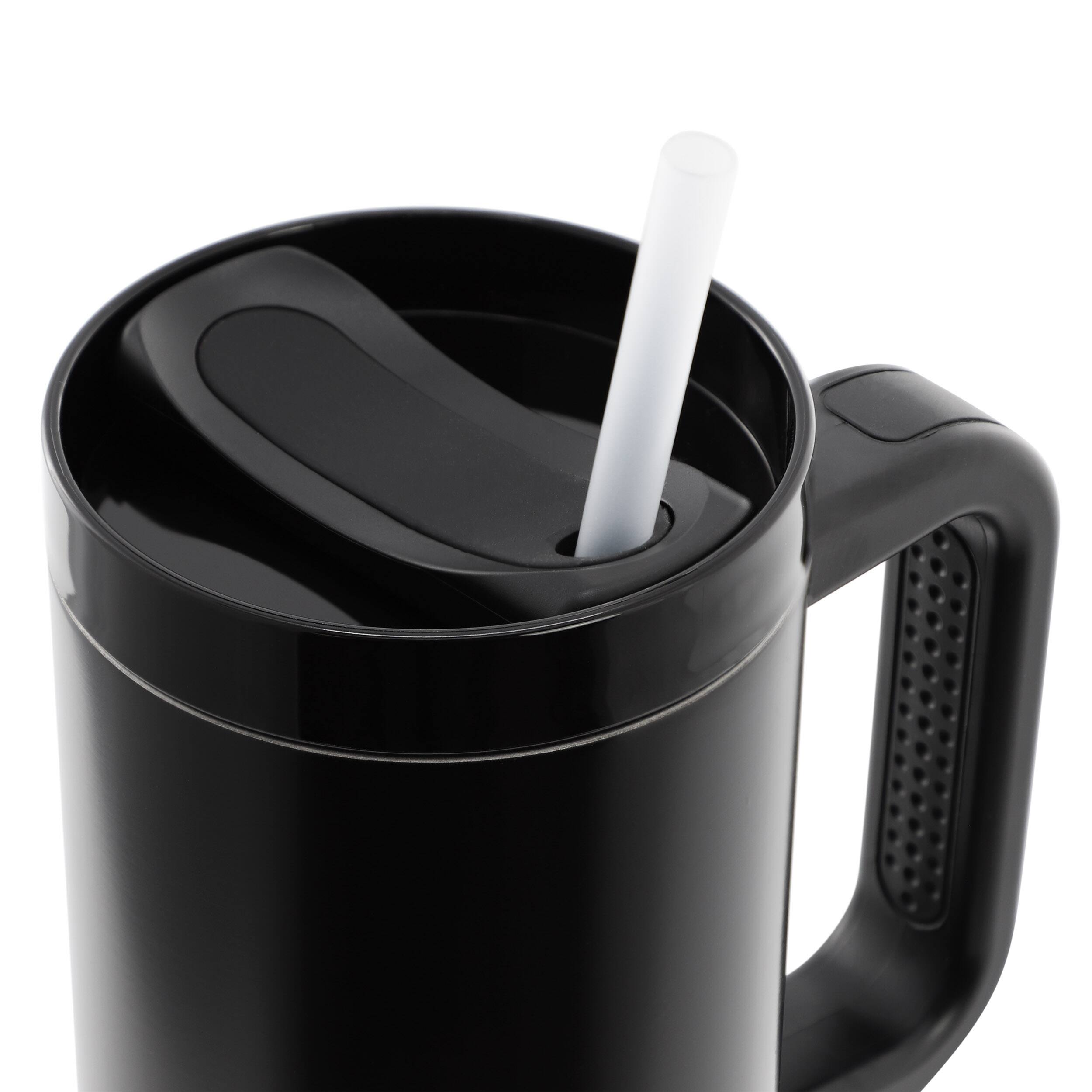 Angle. Gibson - Gibson Home 29oz Marina Stainless Steel Thermal Tumbler with Side Handle and Straw in Black - Black.